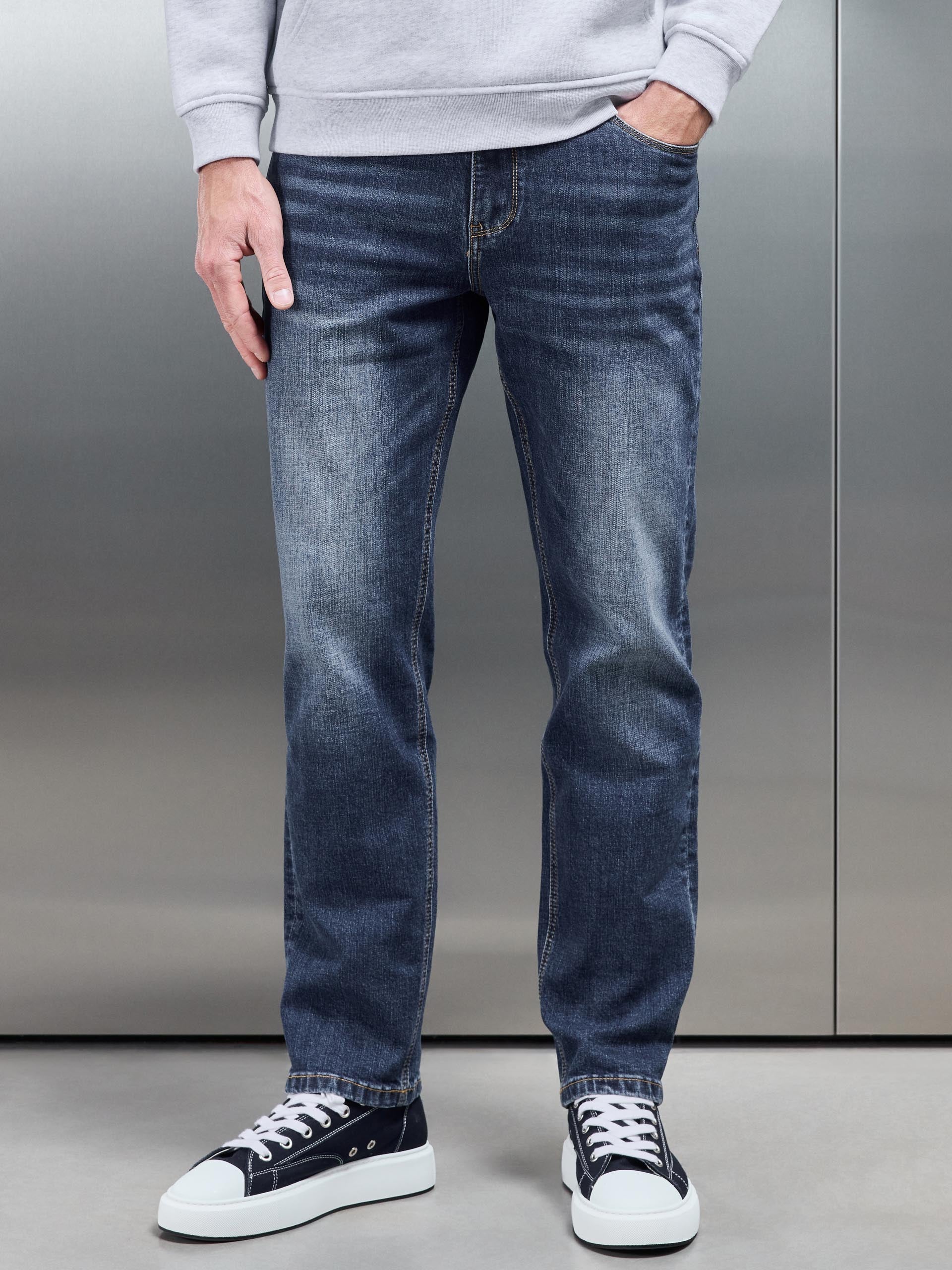 Straight Leg Denim Jeans in Mid Blue