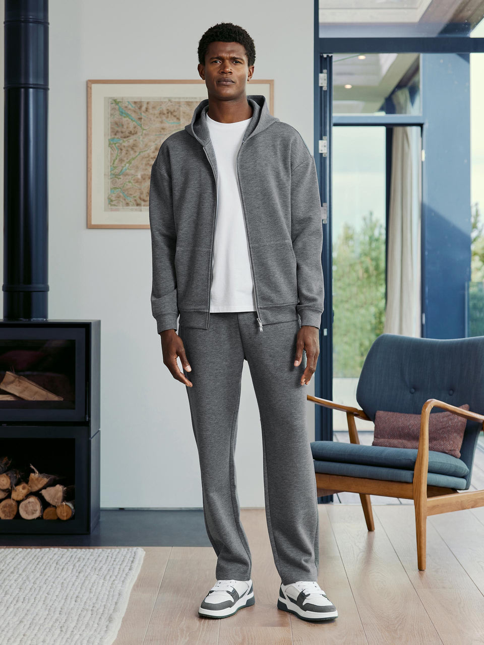 Relaxed Fit Knitted Zip Through Hoodie in Charcoal Marl