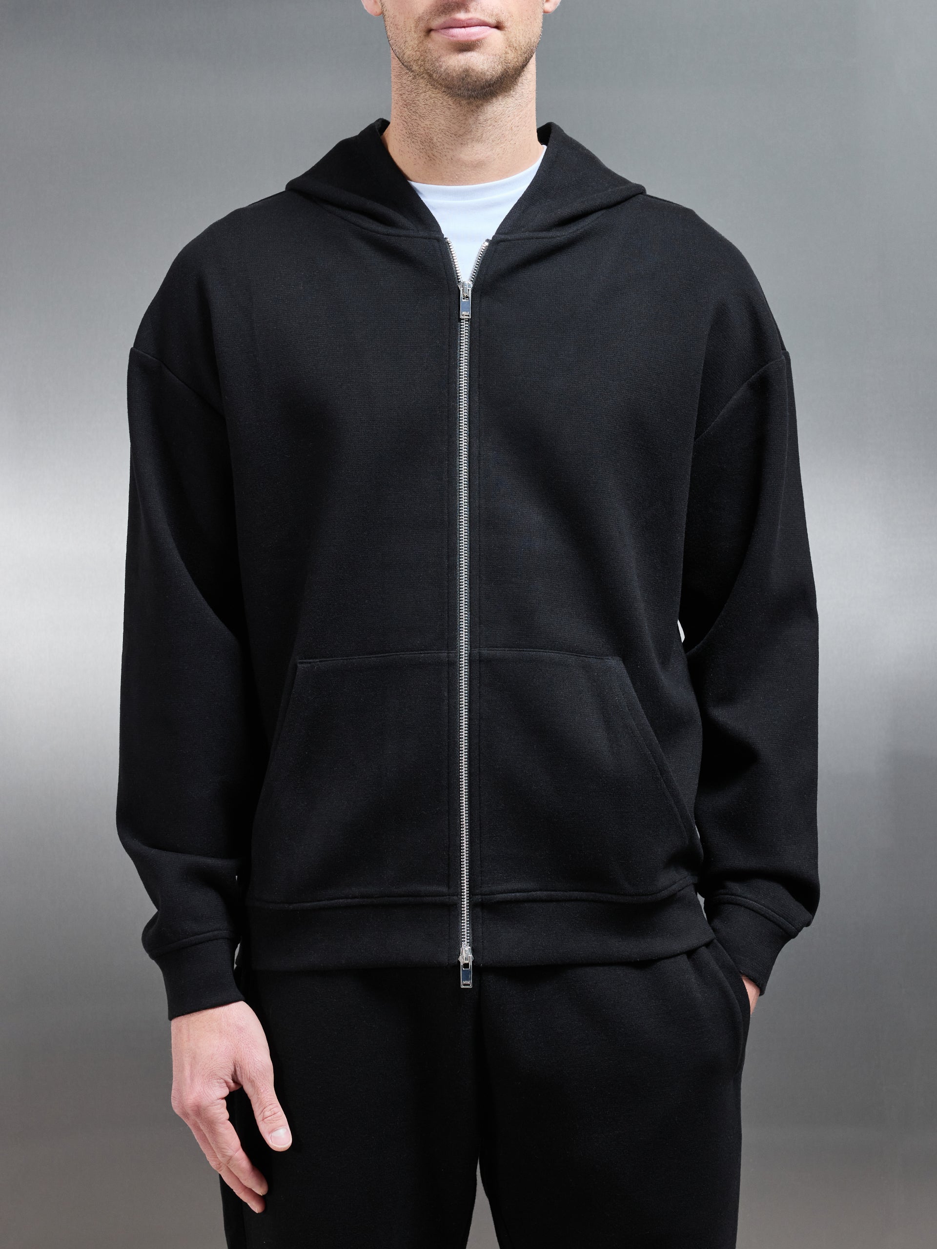 Relaxed Fit Knitted Zip Through Hoodie in Black