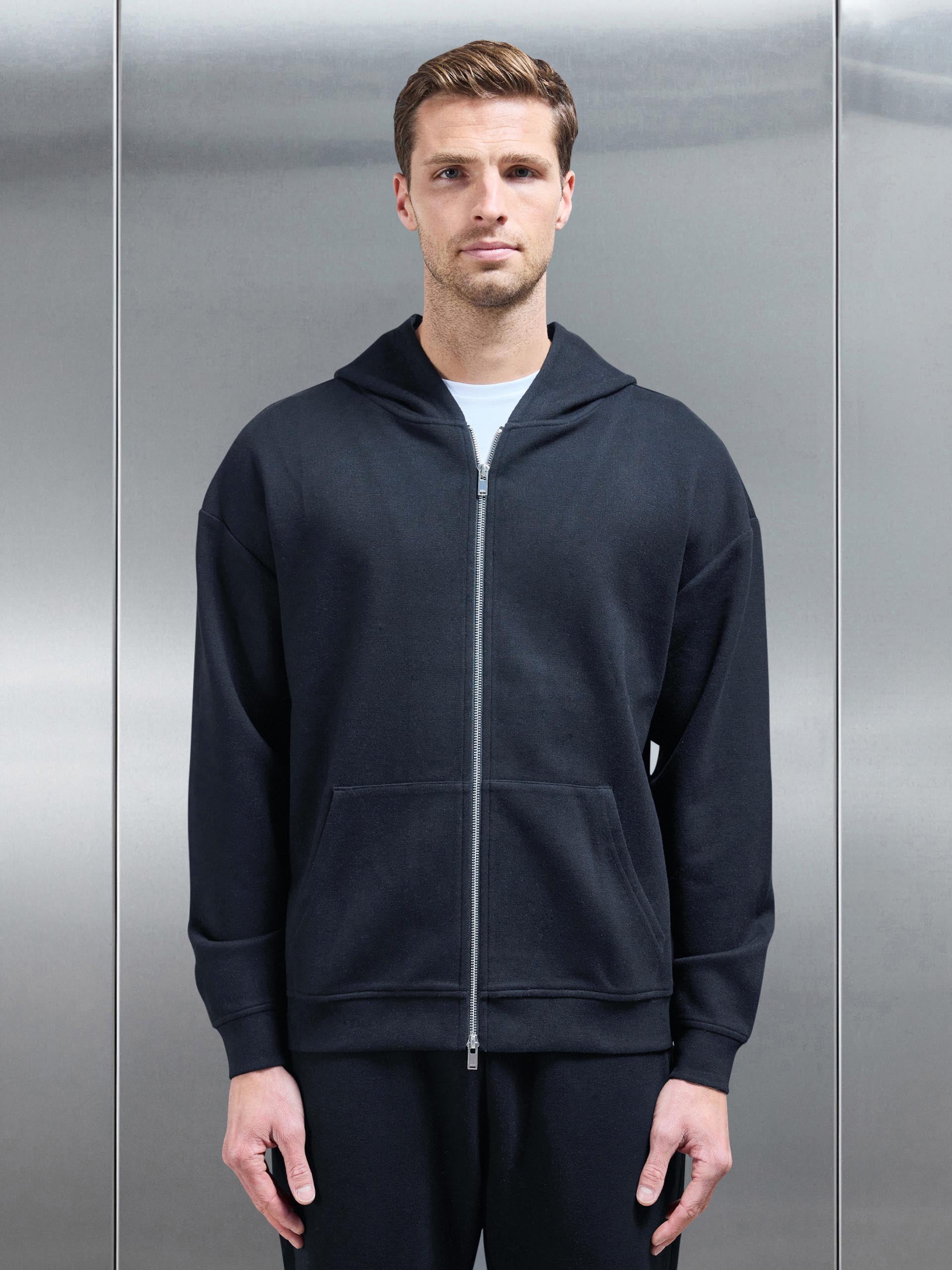 Relaxed Fit Knitted Zip Through Hoodie in Black