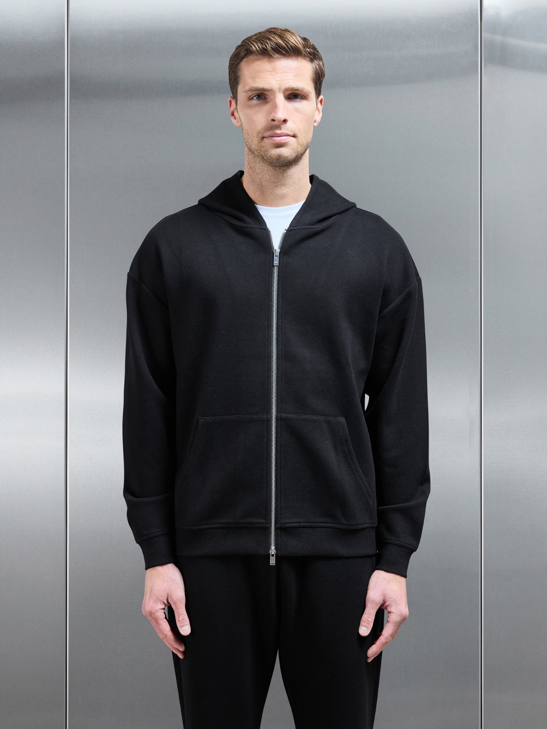 Relaxed Fit Knitted Zip Through Hoodie in Black