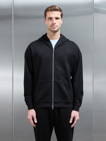 Relaxed Fit Knitted Zip Through Hoodie in Black