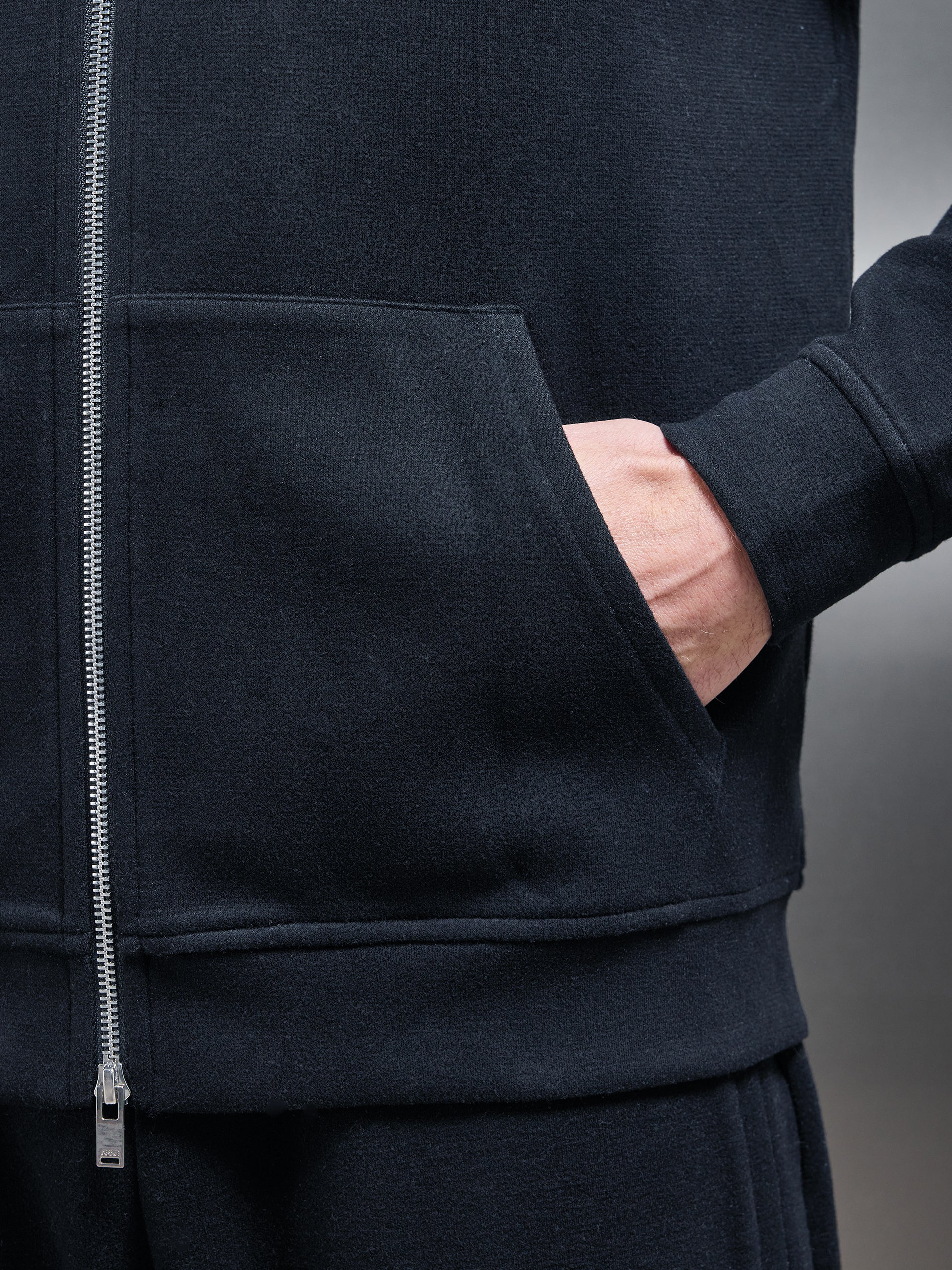 Relaxed Fit Knitted Zip Through Hoodie in Black