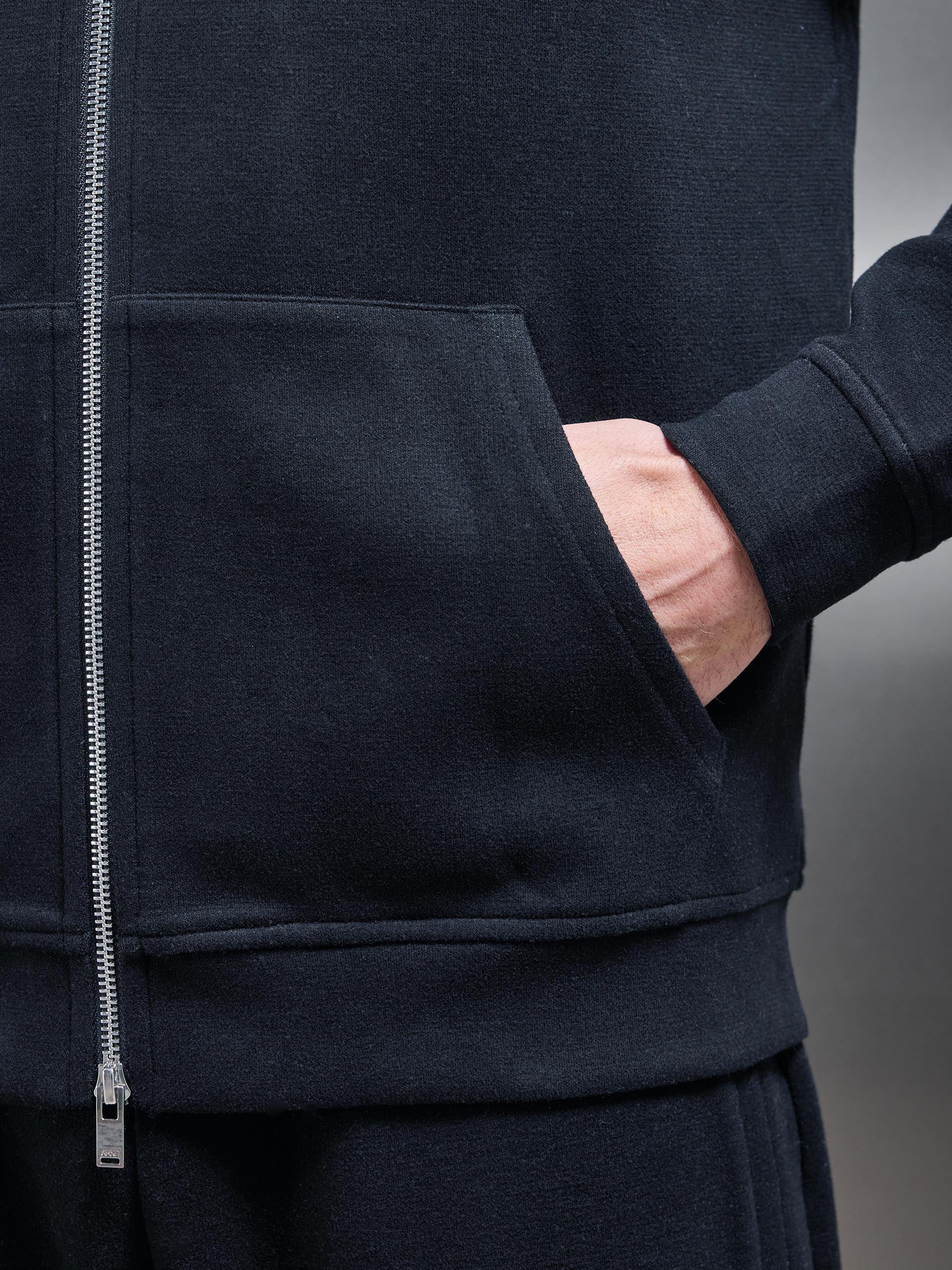 Relaxed Fit Knitted Zip Through Hoodie in Black