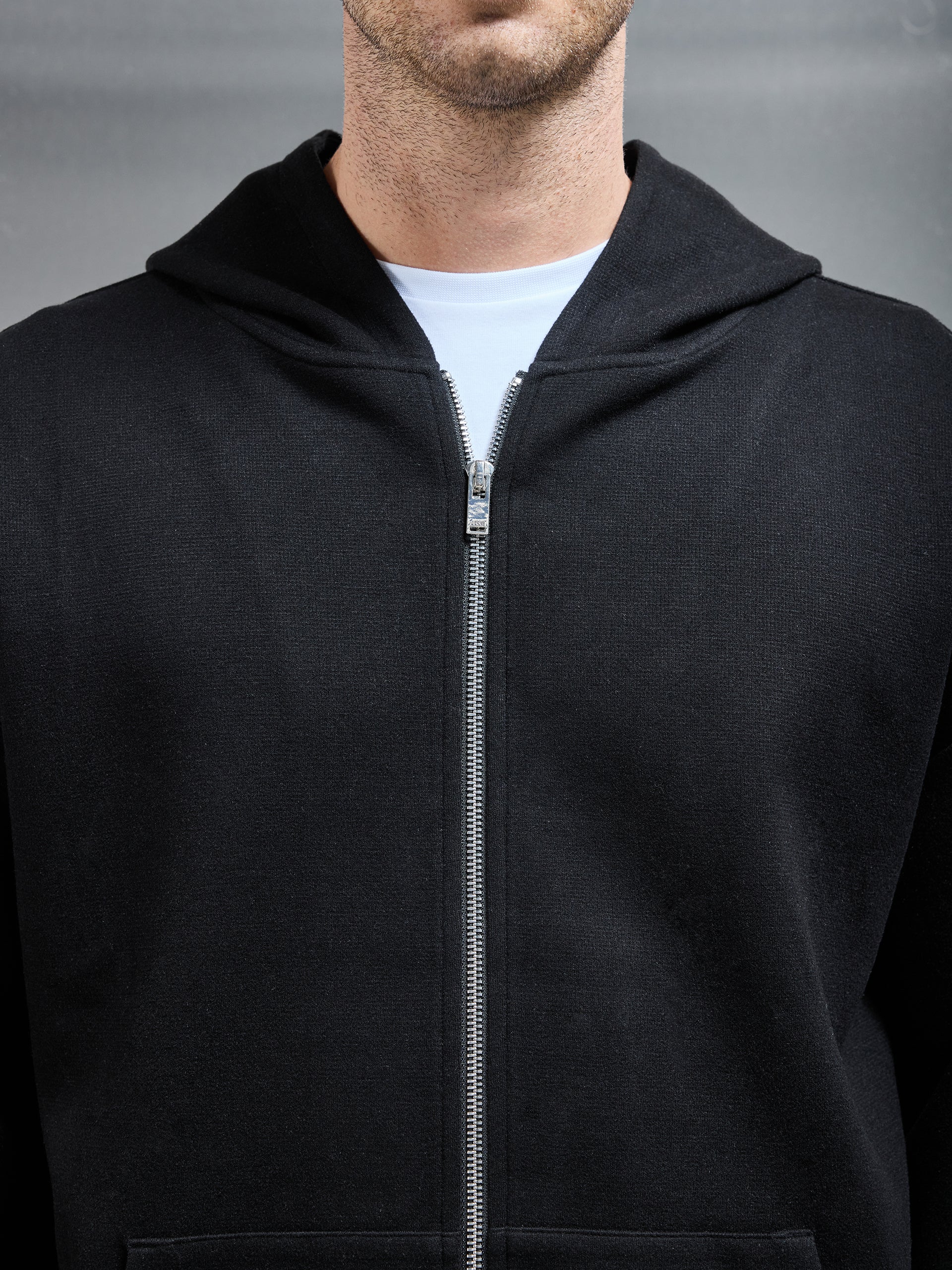 Relaxed Fit Knitted Zip Through Hoodie in Black
