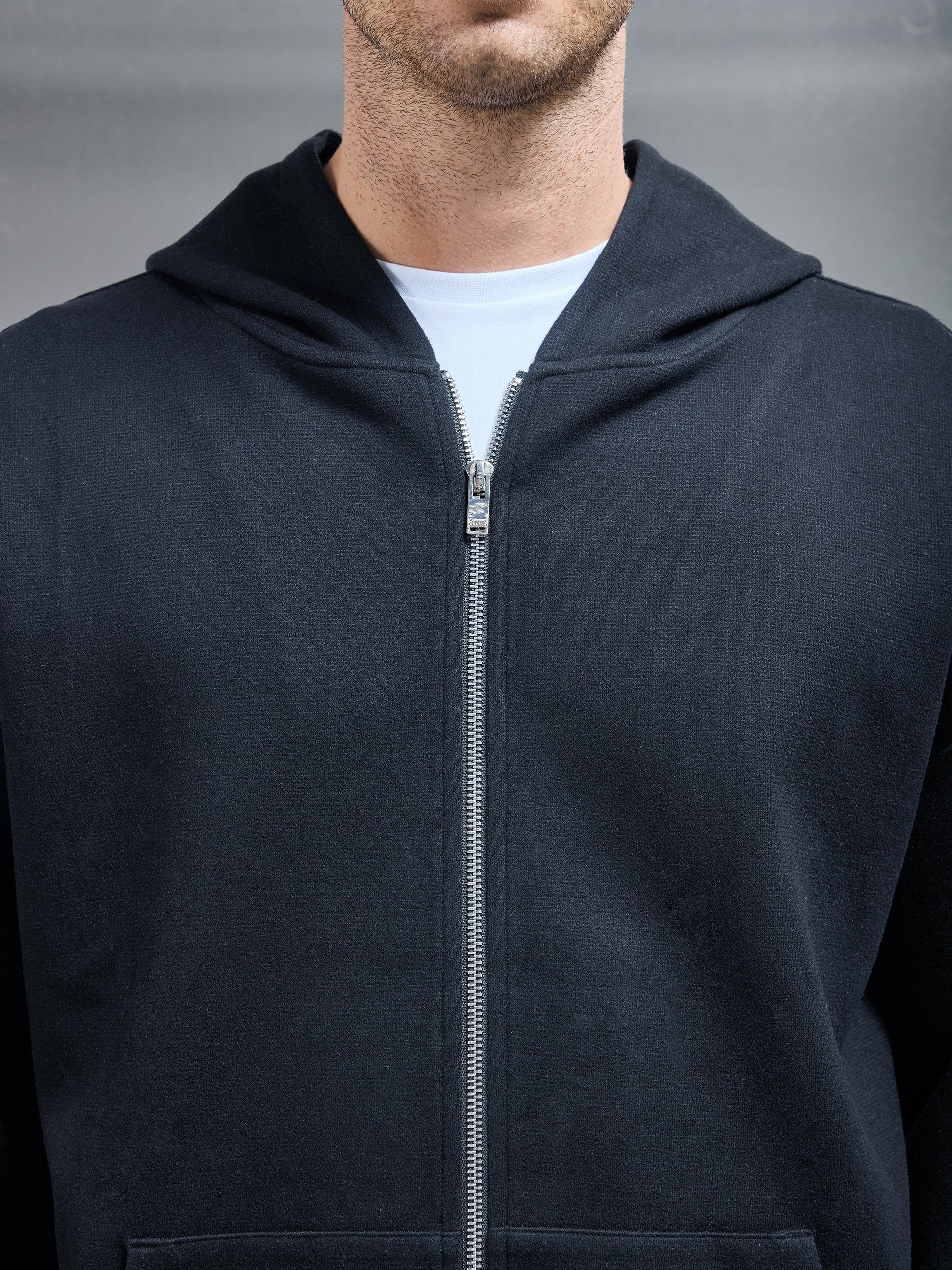 Relaxed Fit Knitted Zip Through Hoodie in Black