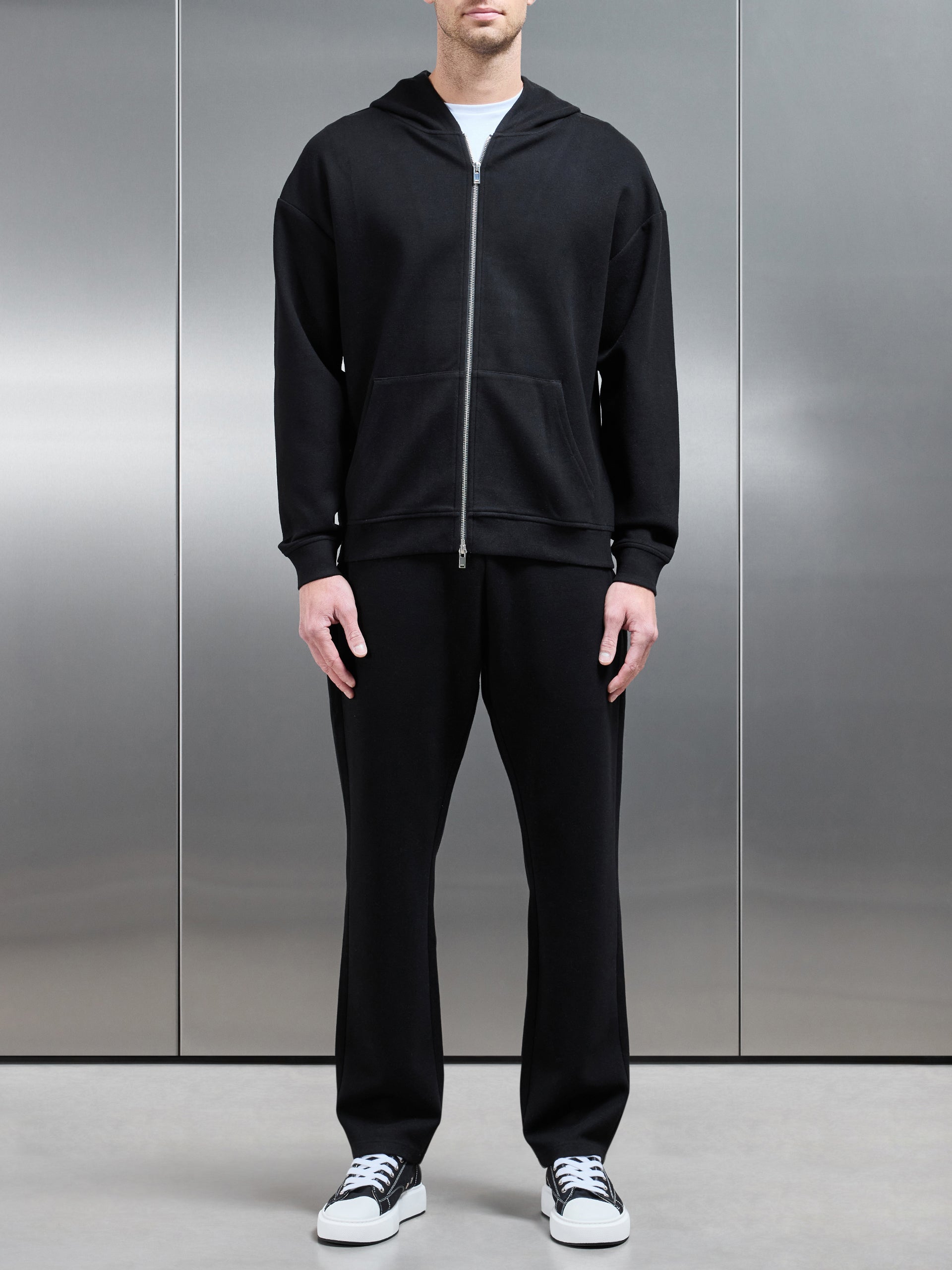 Relaxed Fit Knitted Zip Through Hoodie in Black