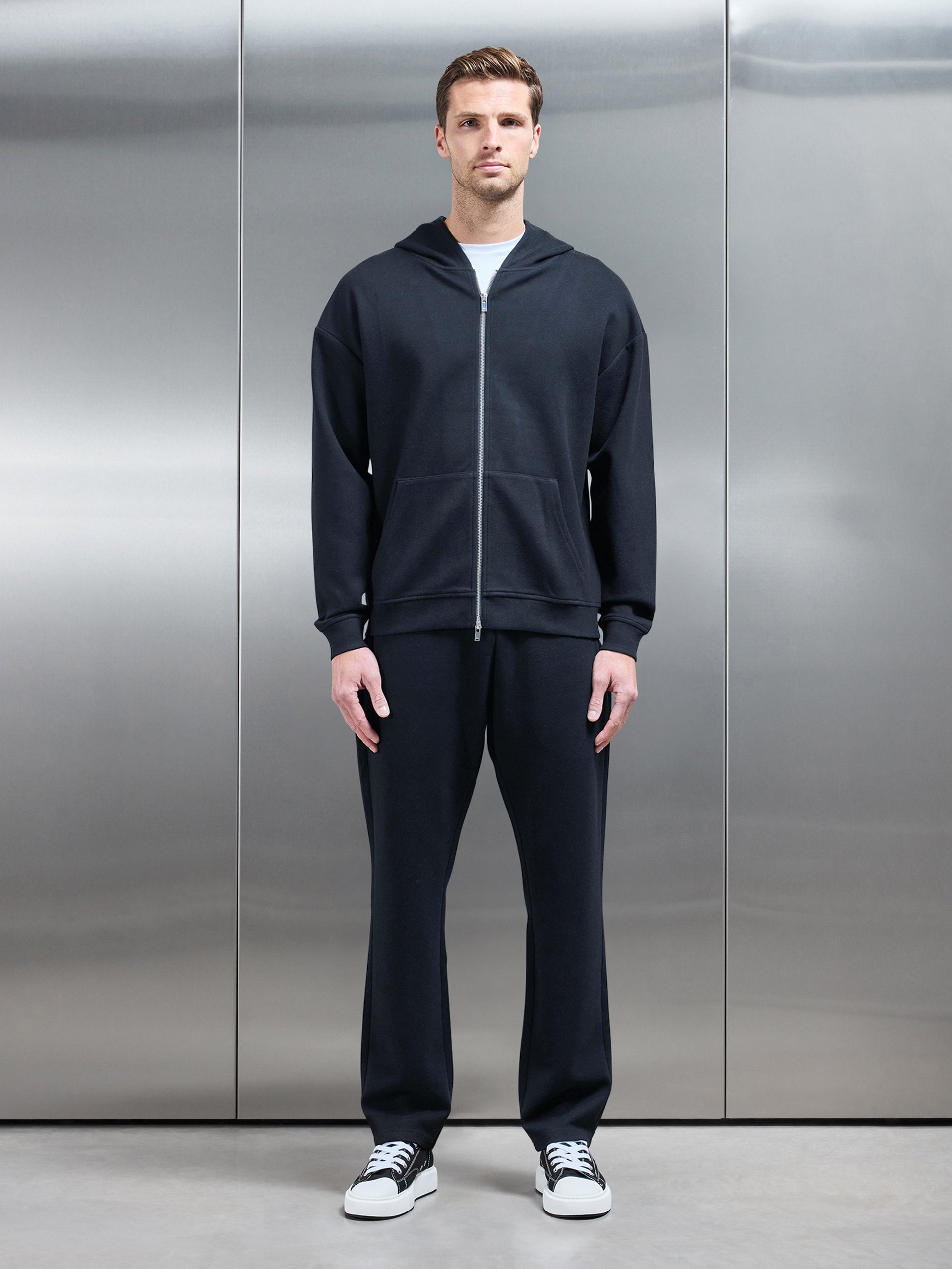 Relaxed Fit Knitted Zip Through Hoodie in Black