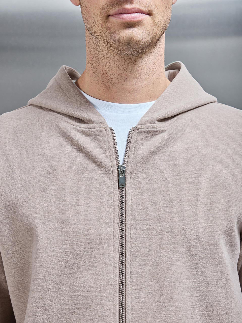 Relaxed Fit Knitted Zip Through Hoodie in Stone