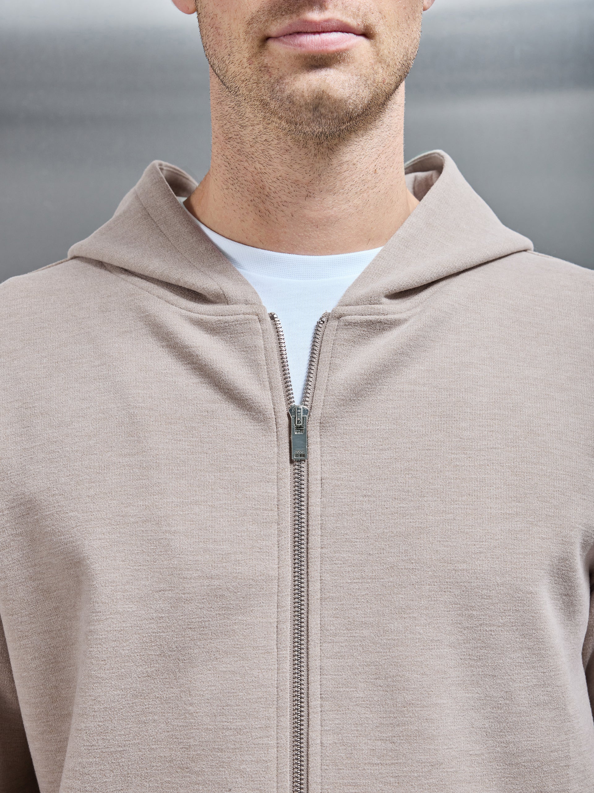 Relaxed Fit Knitted Zip Through Hoodie in Stone