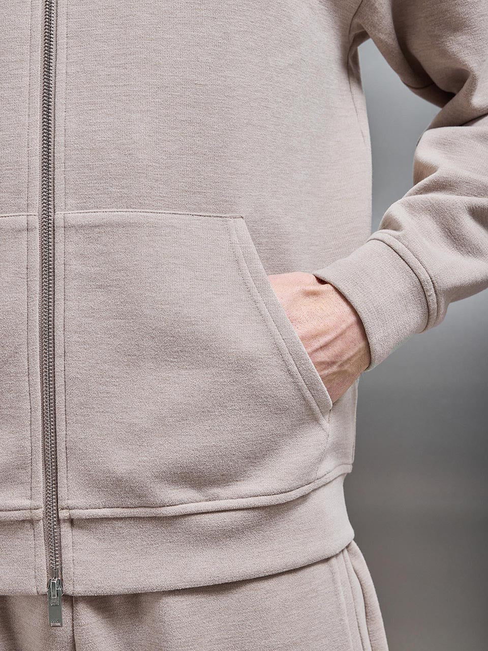 Relaxed Fit Knitted Zip Through Hoodie in Stone