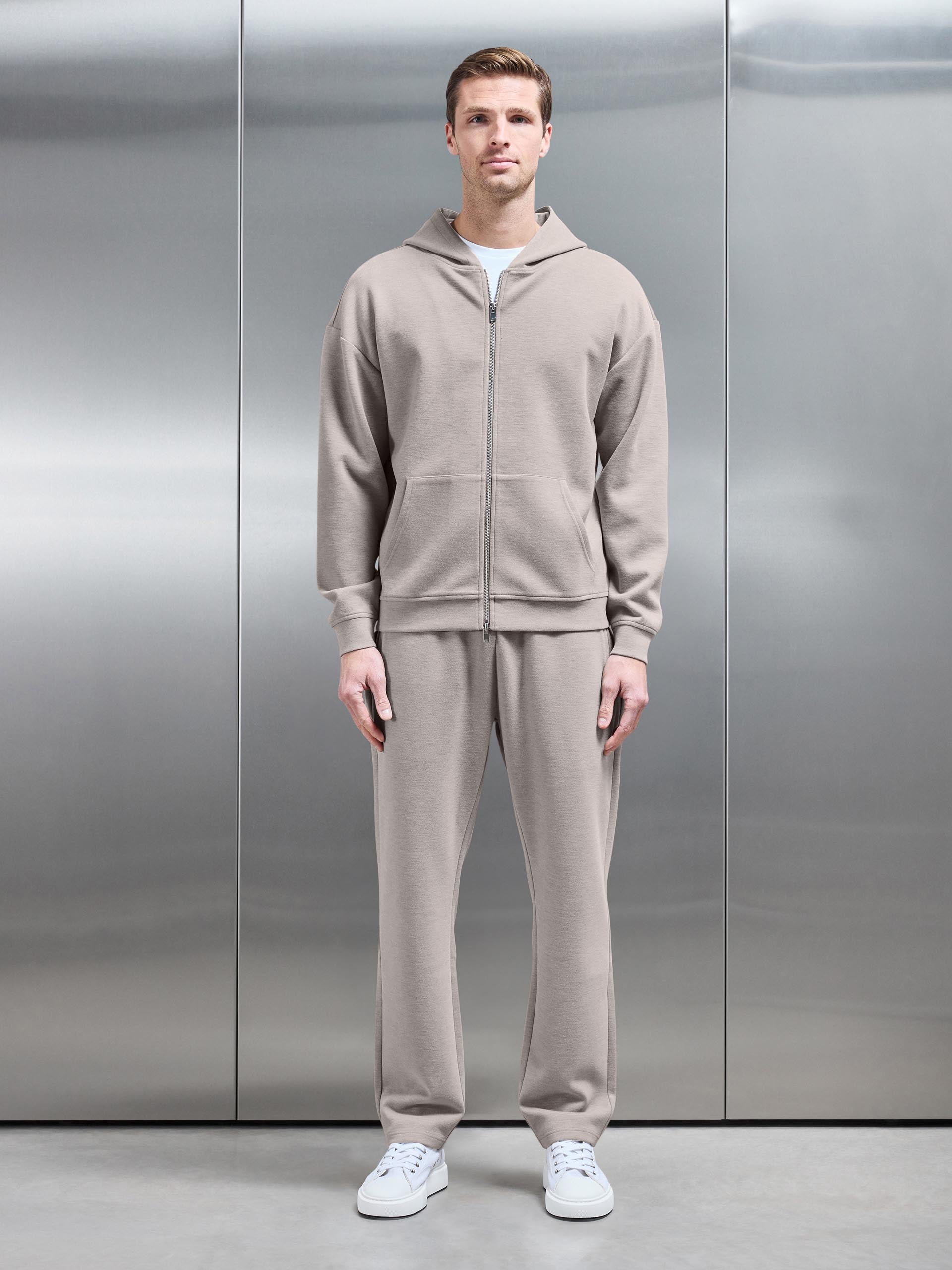 Relaxed Fit Knitted Zip Through Hoodie in Stone