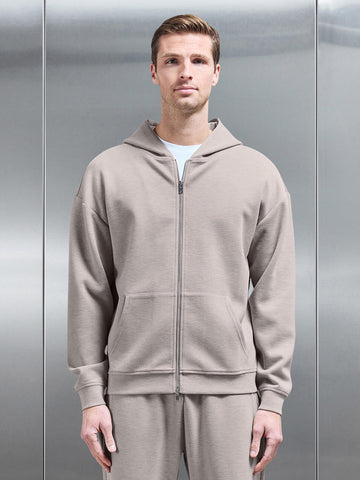Relaxed Fit Knitted Zip Through Hoodie in Stone