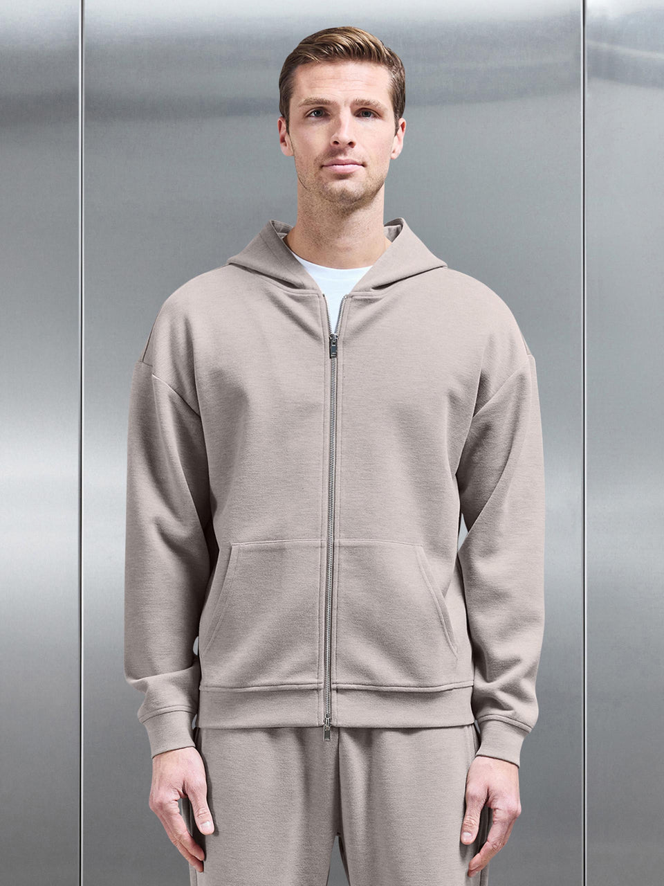 Relaxed Fit Knitted Zip Through Hoodie in Stone