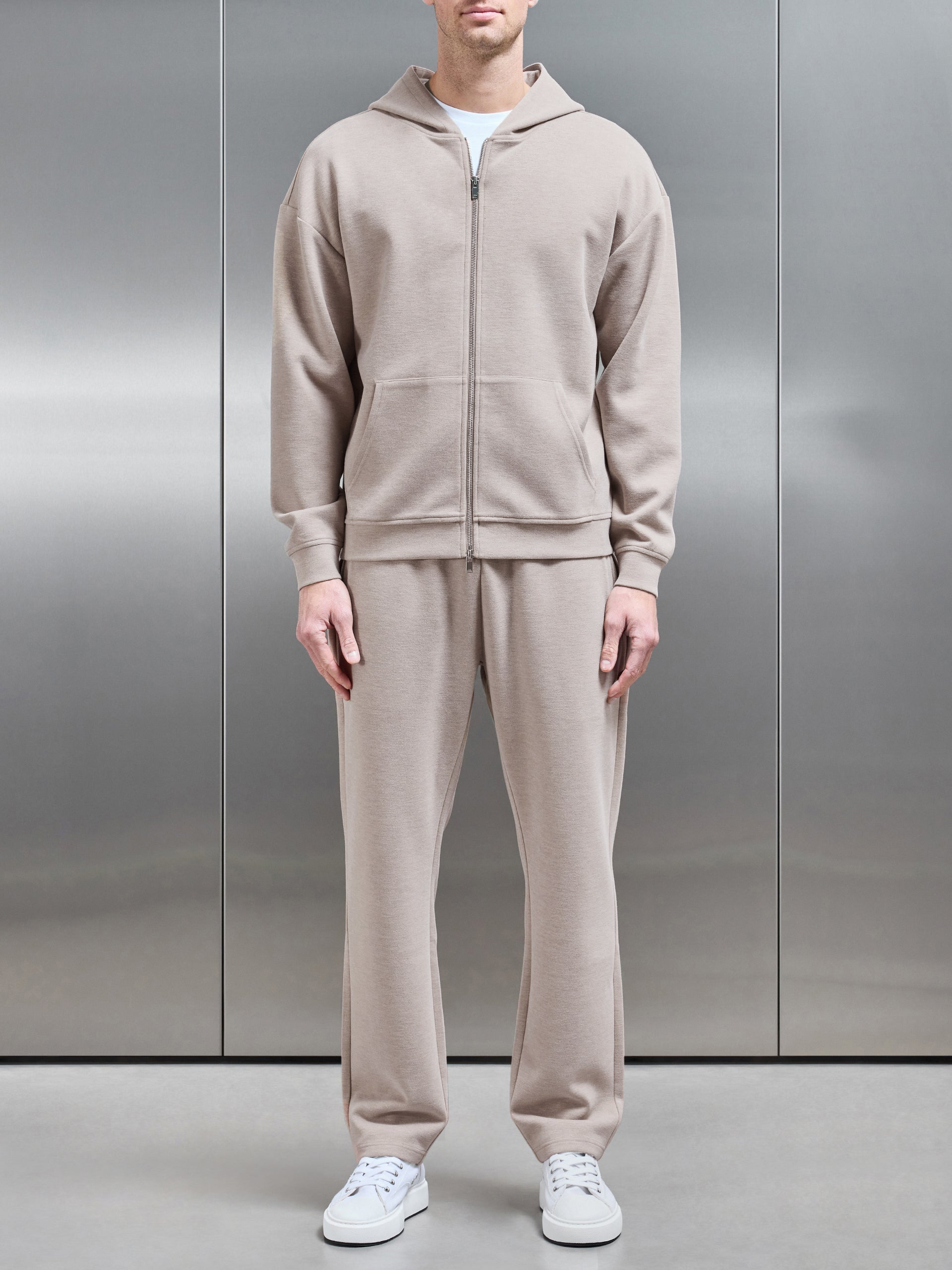 Relaxed Fit Knitted Zip Through Hoodie in Stone