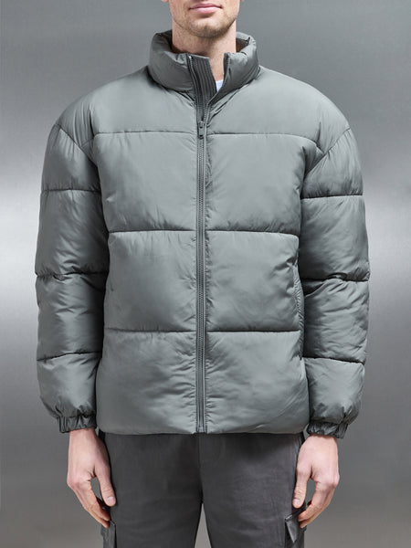 Relaxed Funnel Neck Puffer Jacket in Sage