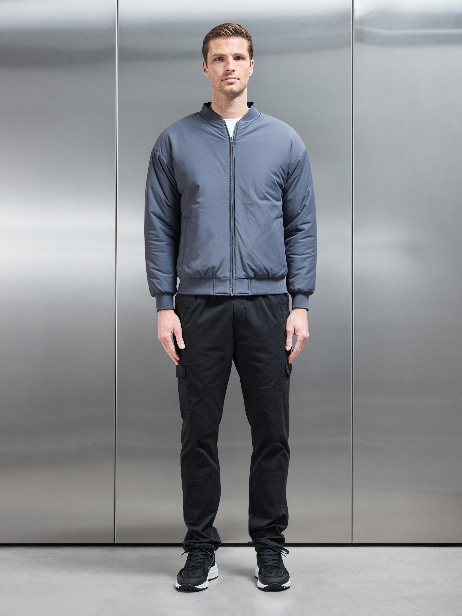 Relaxed Padded Reversible Bomber Jacket in Black Grey
