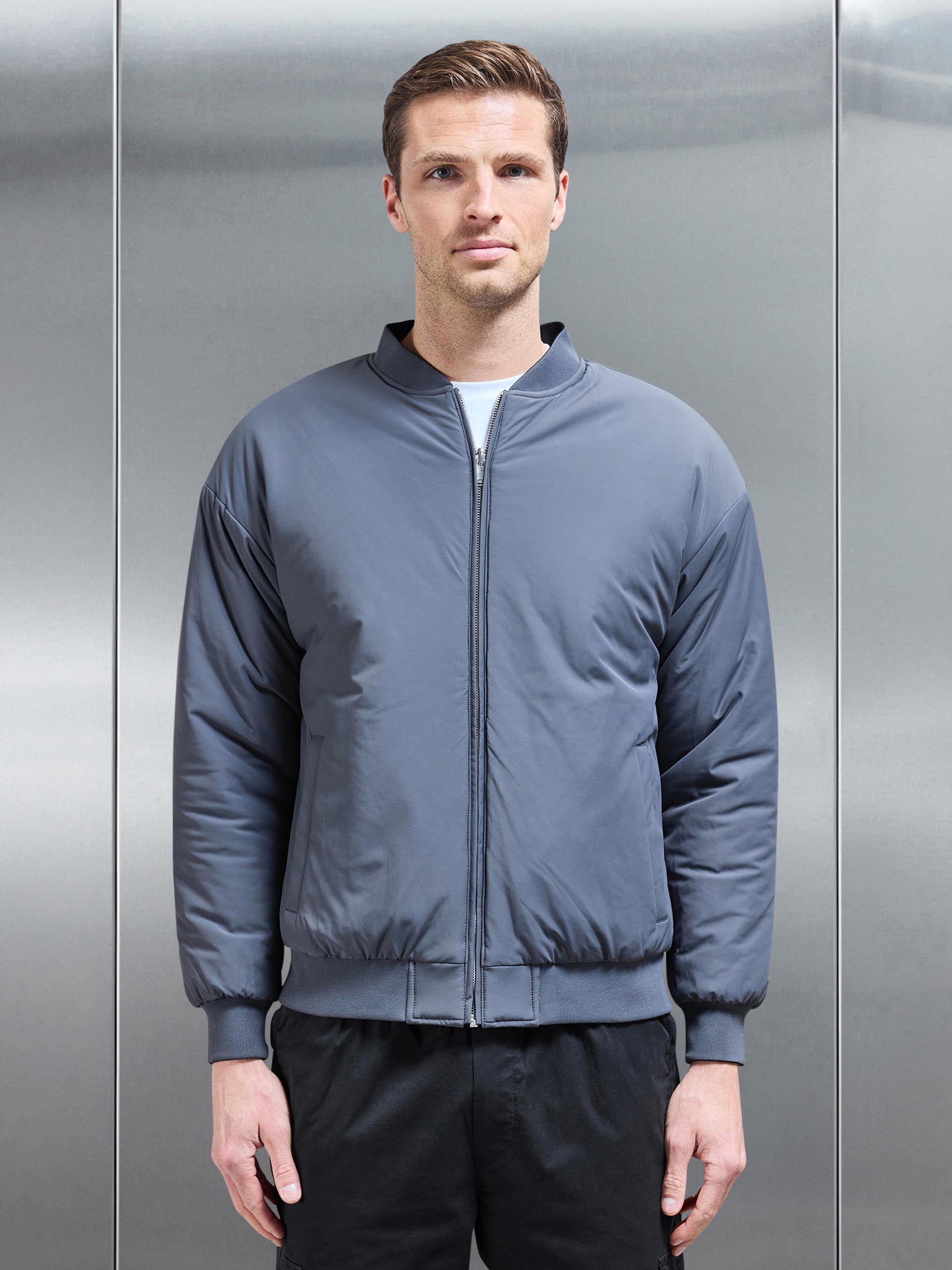 Relaxed Padded Reversible Bomber Jacket in Black Grey
