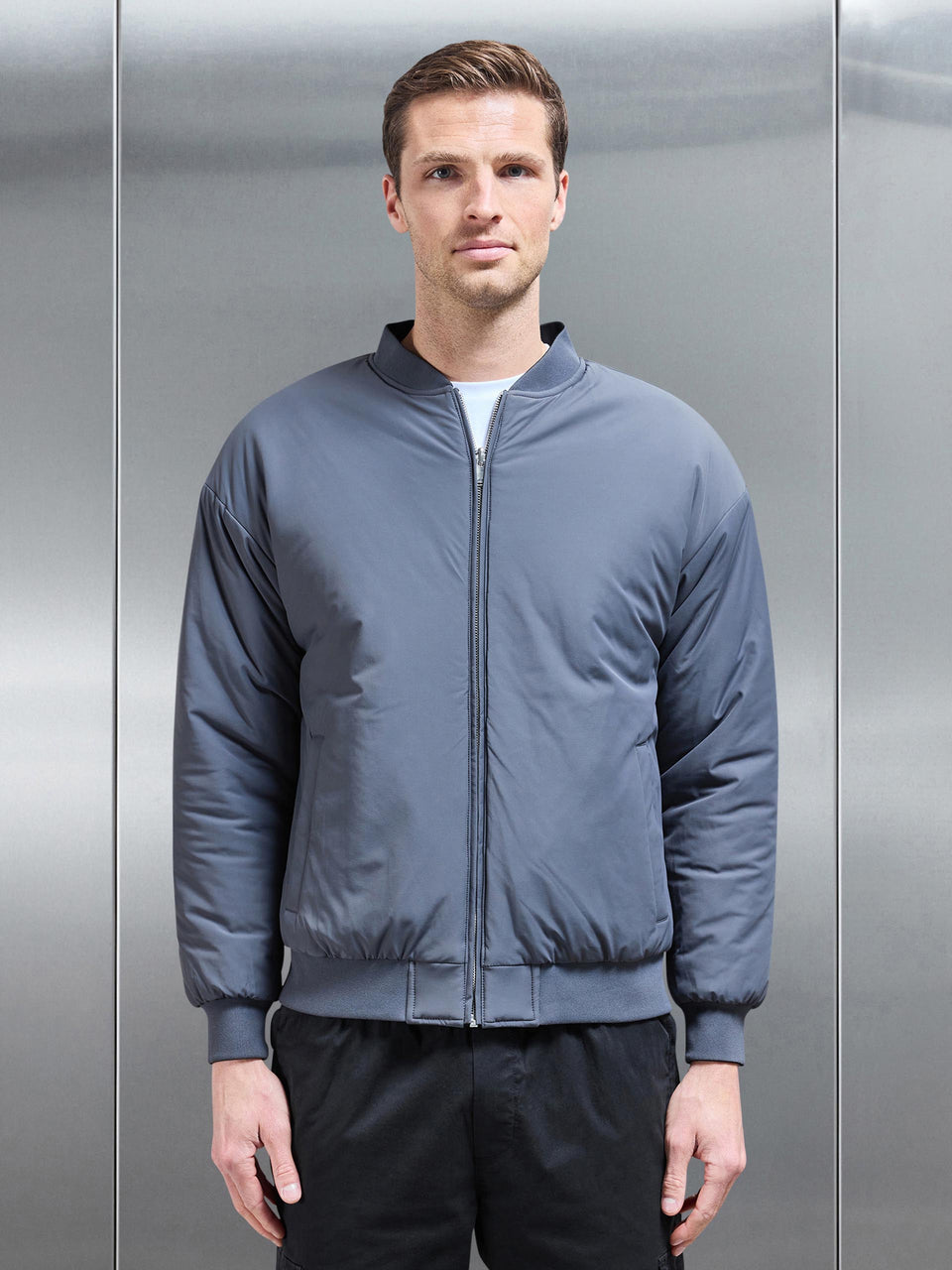 Relaxed Padded Reversible Bomber Jacket in Black Grey