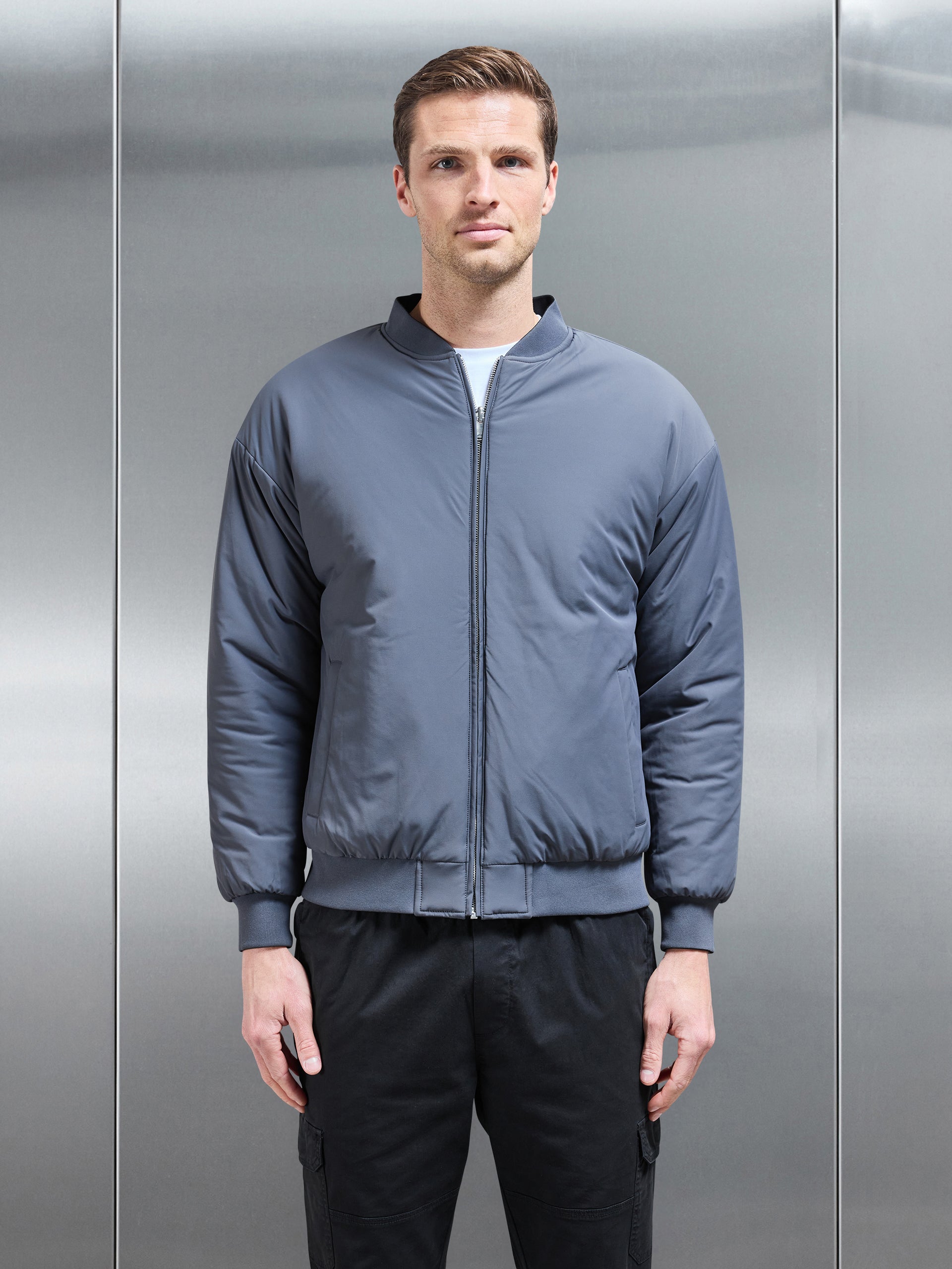 Relaxed Padded Reversible Bomber Jacket in Black Grey