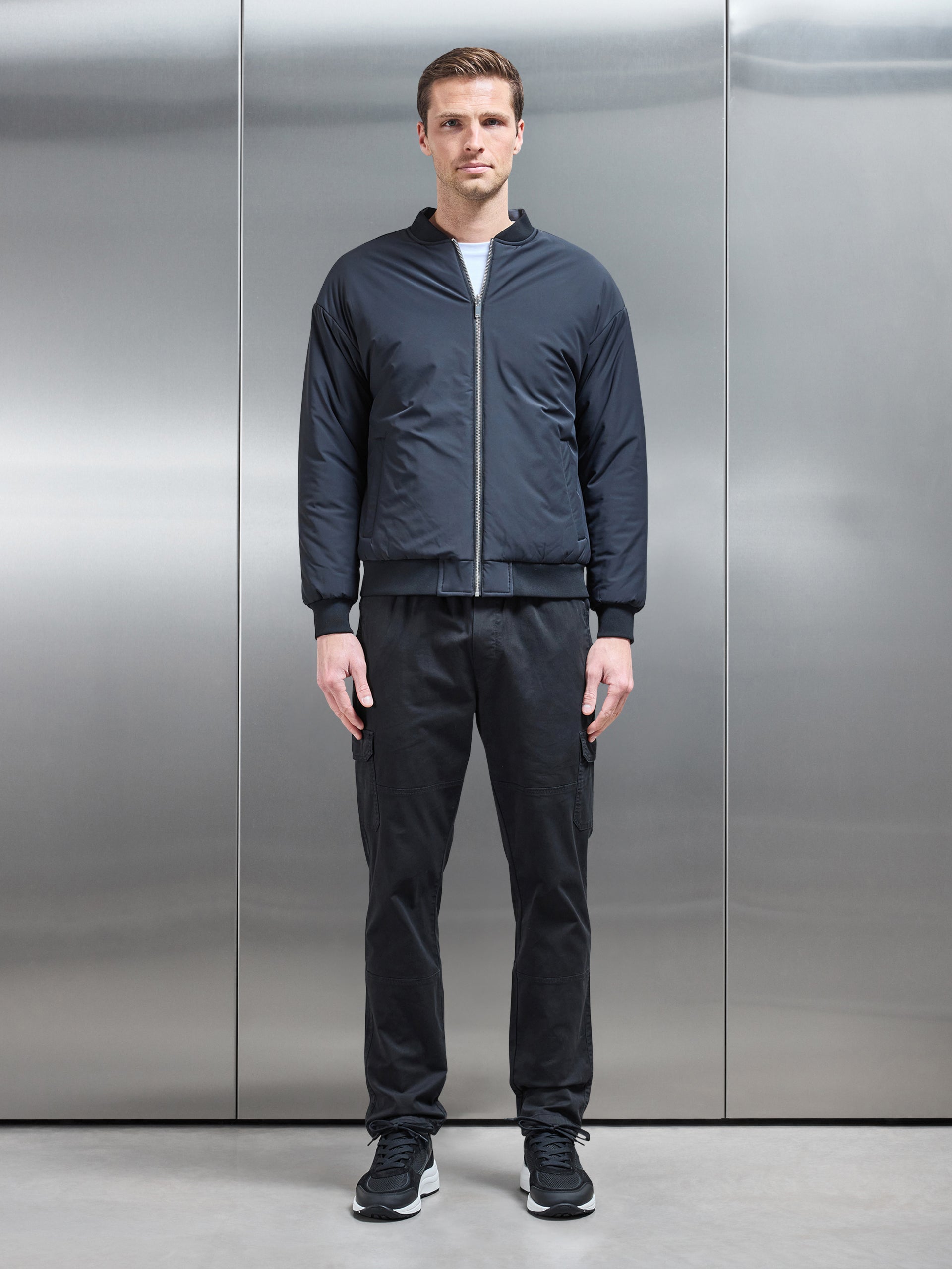 Relaxed Padded Reversible Bomber Jacket in Black Grey