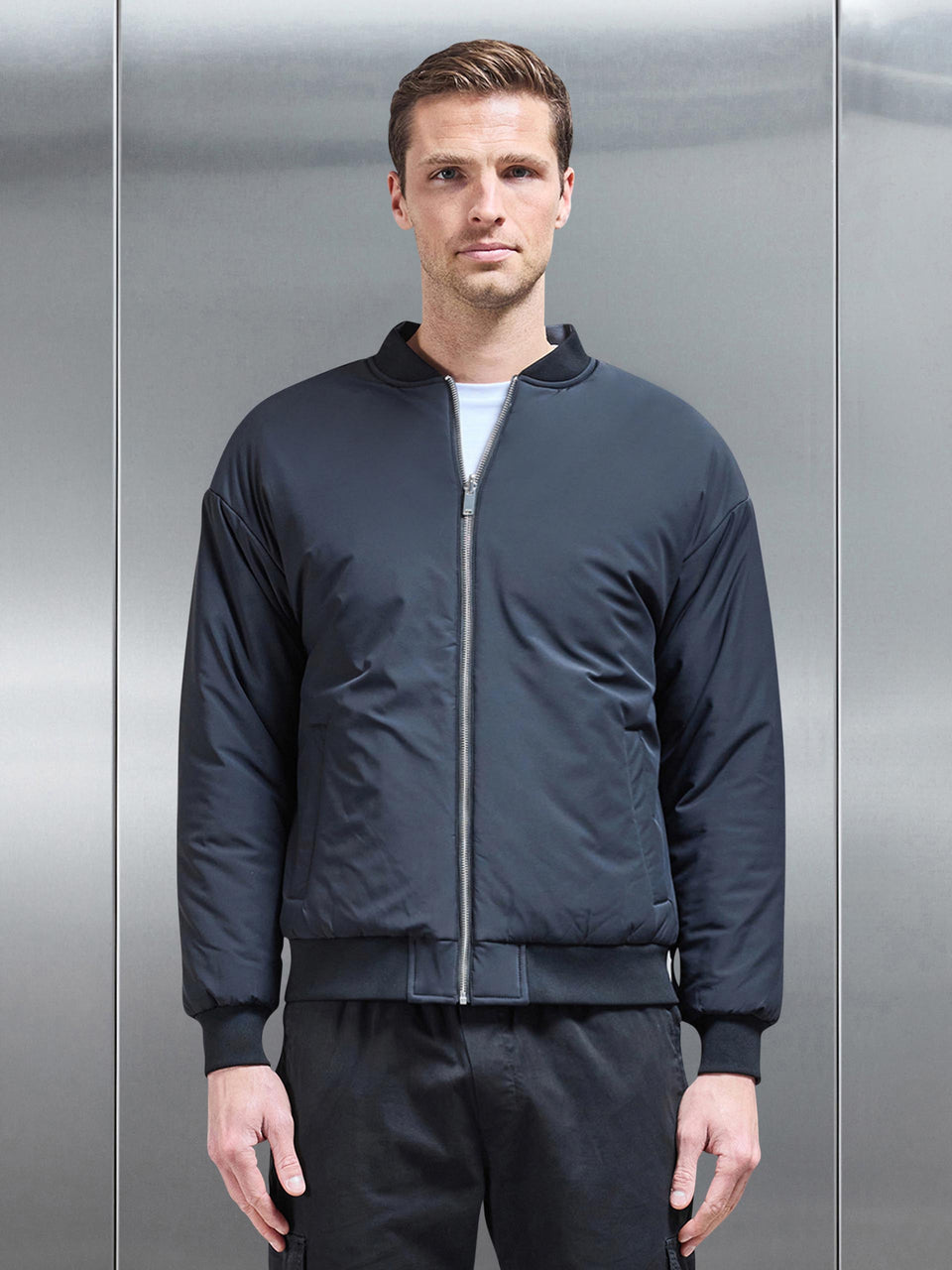 Relaxed Padded Reversible Bomber Jacket in Black Grey