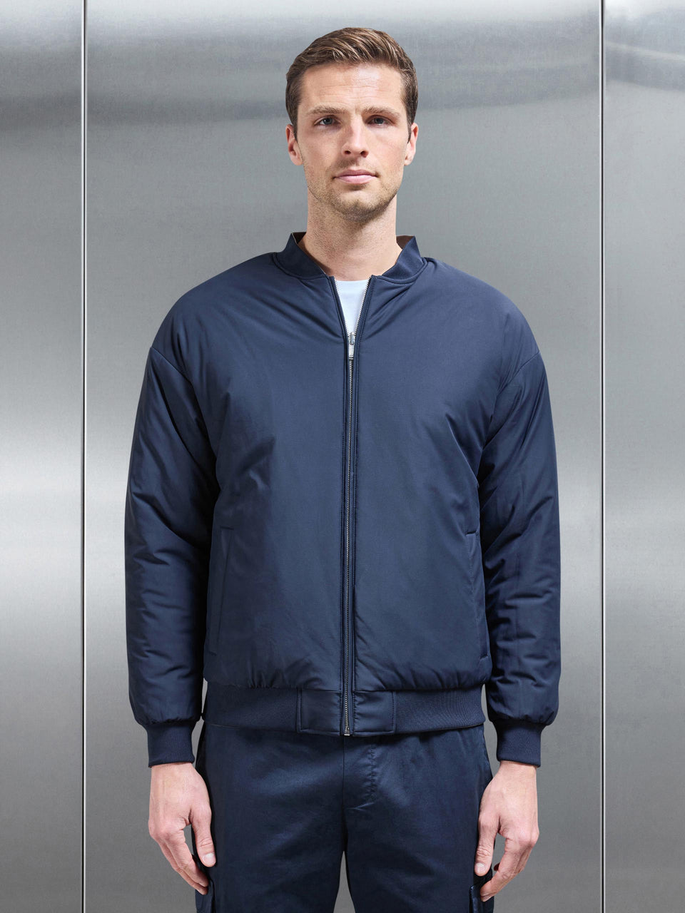 Relaxed Padded Reversible Bomber Jacket in Olive Navy