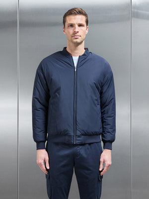 Relaxed Padded Reversible Bomber Jacket in Olive Navy