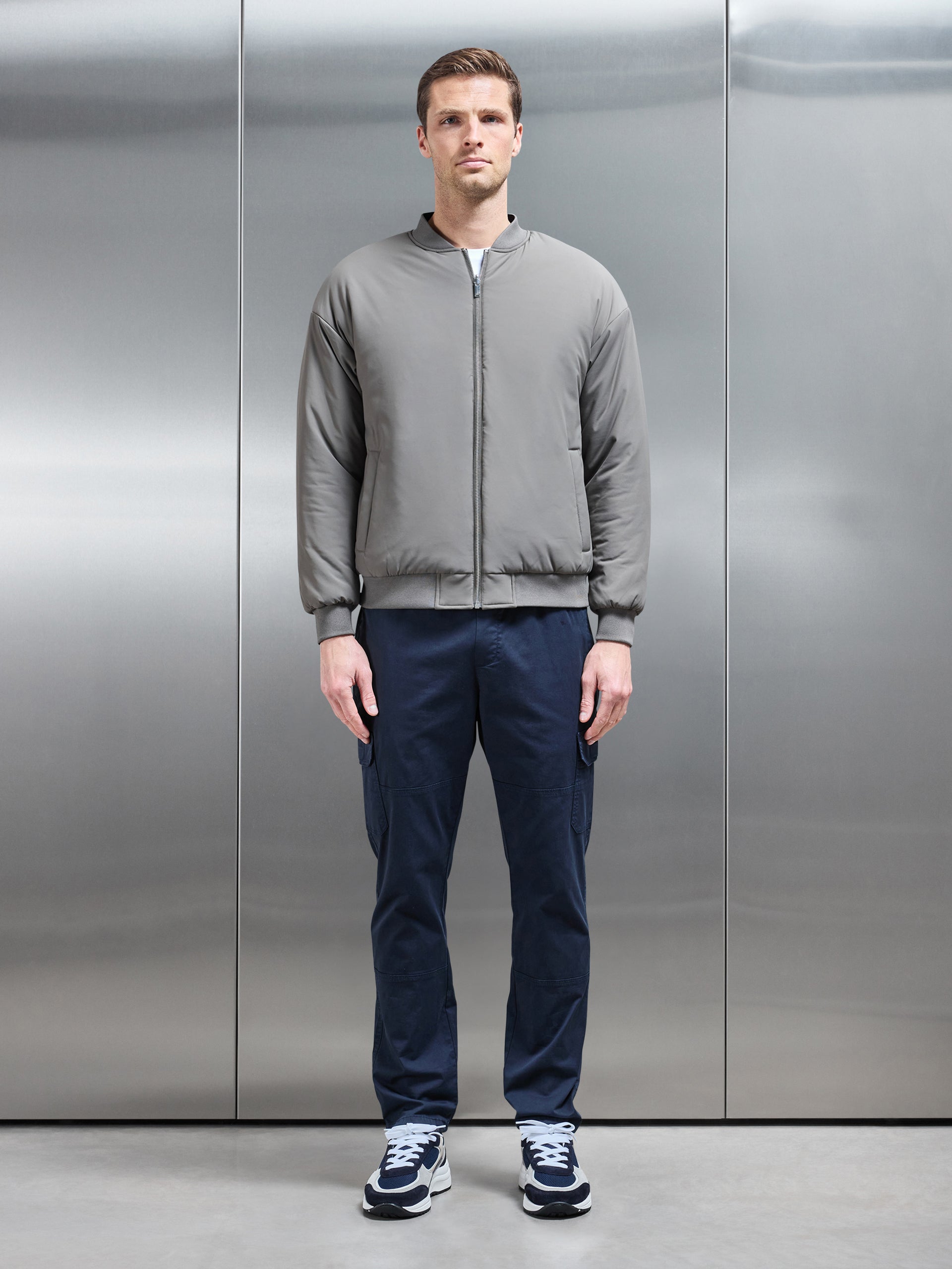 Relaxed Padded Reversible Bomber Jacket in Olive Navy