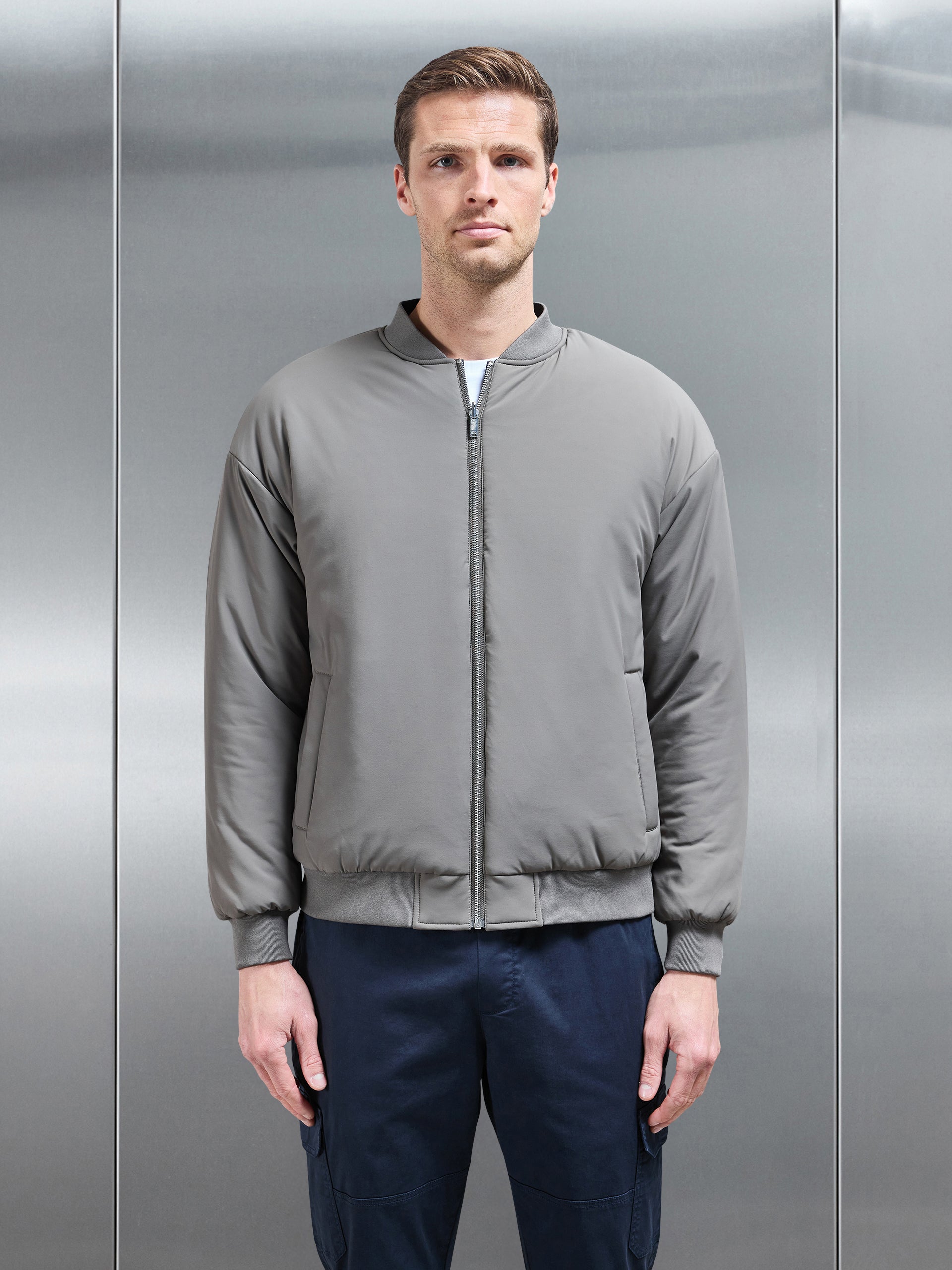 Relaxed Padded Reversible Bomber Jacket in Olive Navy