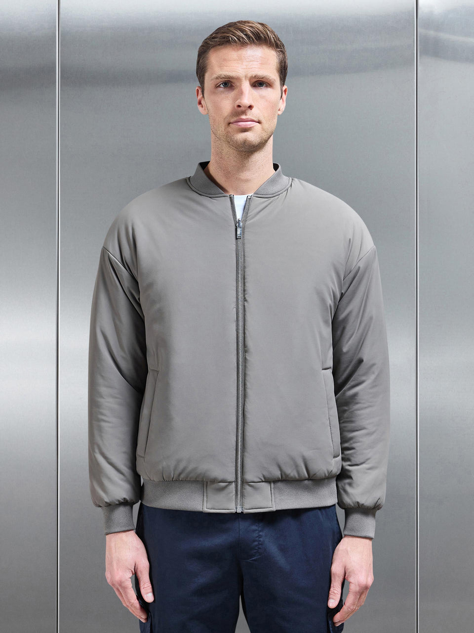 Relaxed Padded Reversible Bomber Jacket in Olive Navy