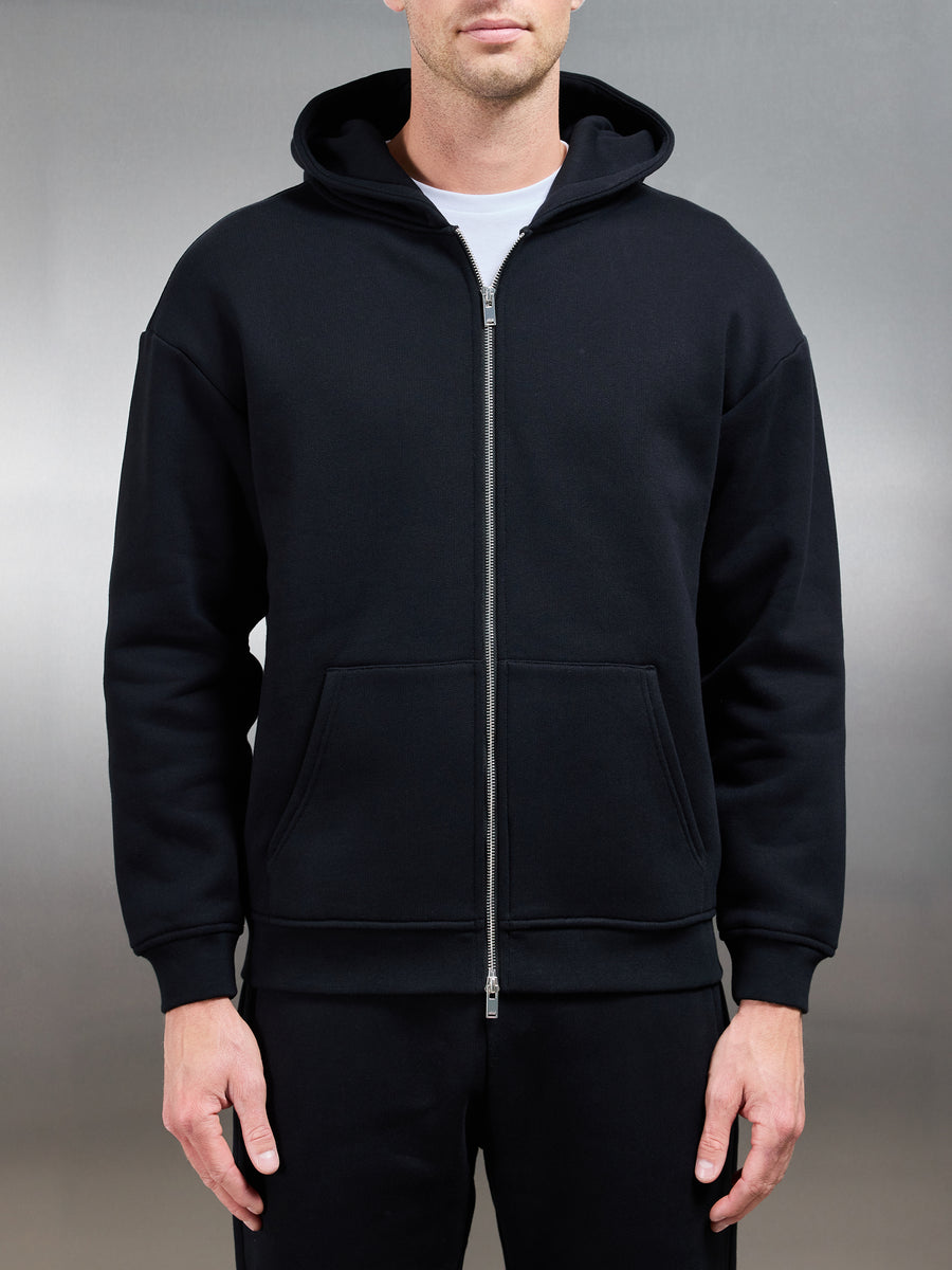 Relaxed Zip Through Hoodie in Black