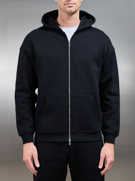 Relaxed Zip Through Hoodie in Black