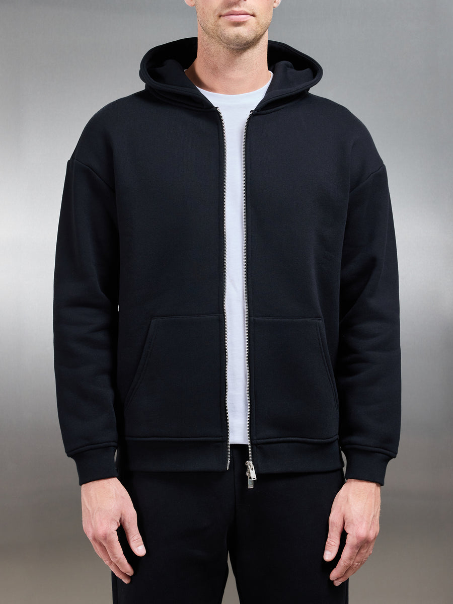 Relaxed Zip Through Hoodie in Black