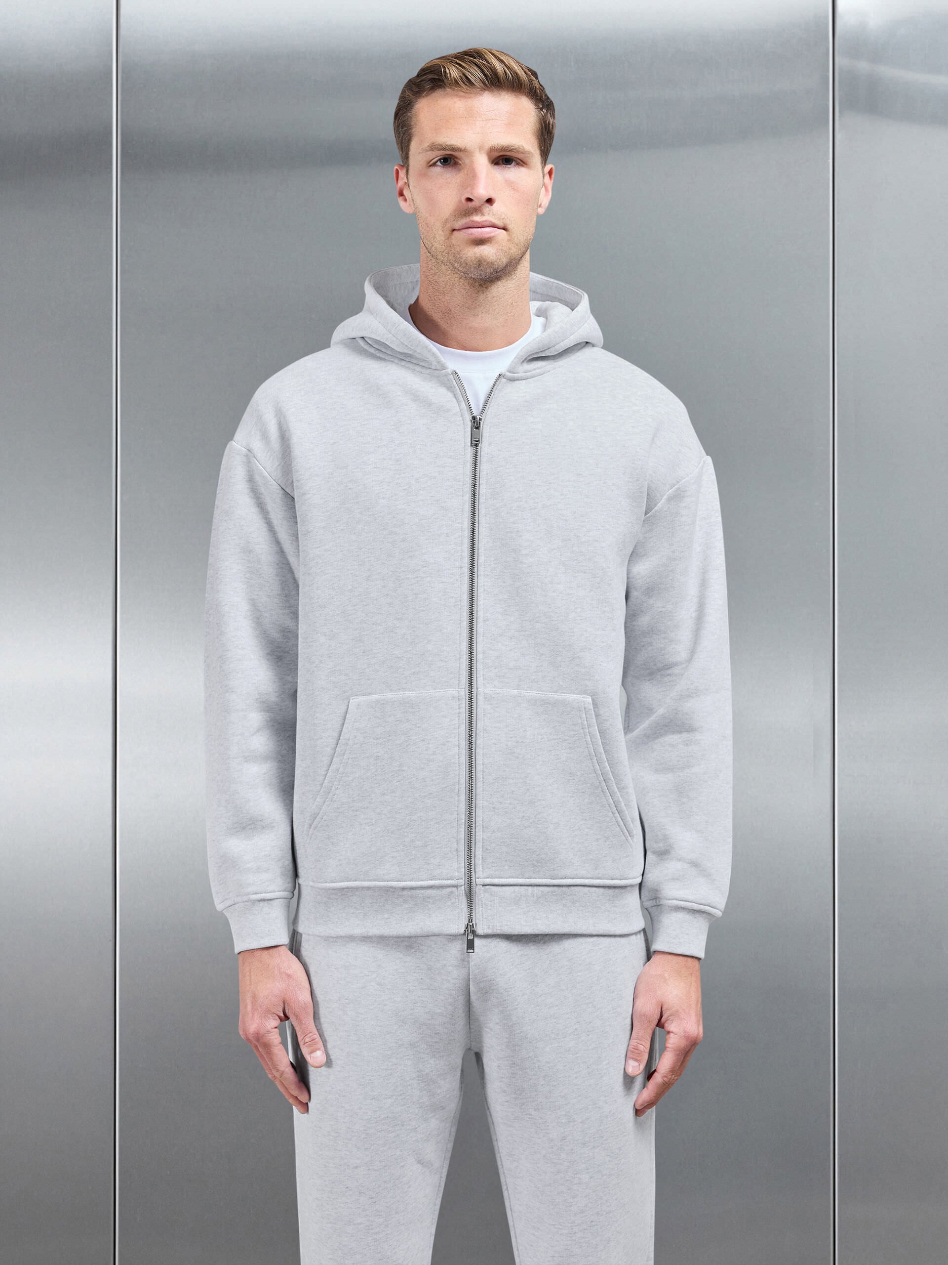 Relaxed Zip Through Hoodie in Marl Grey