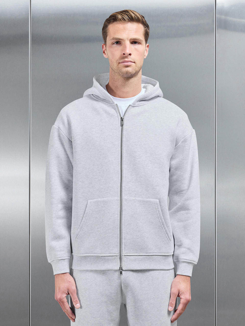 Relaxed Zip Through Hoodie in Marl Grey