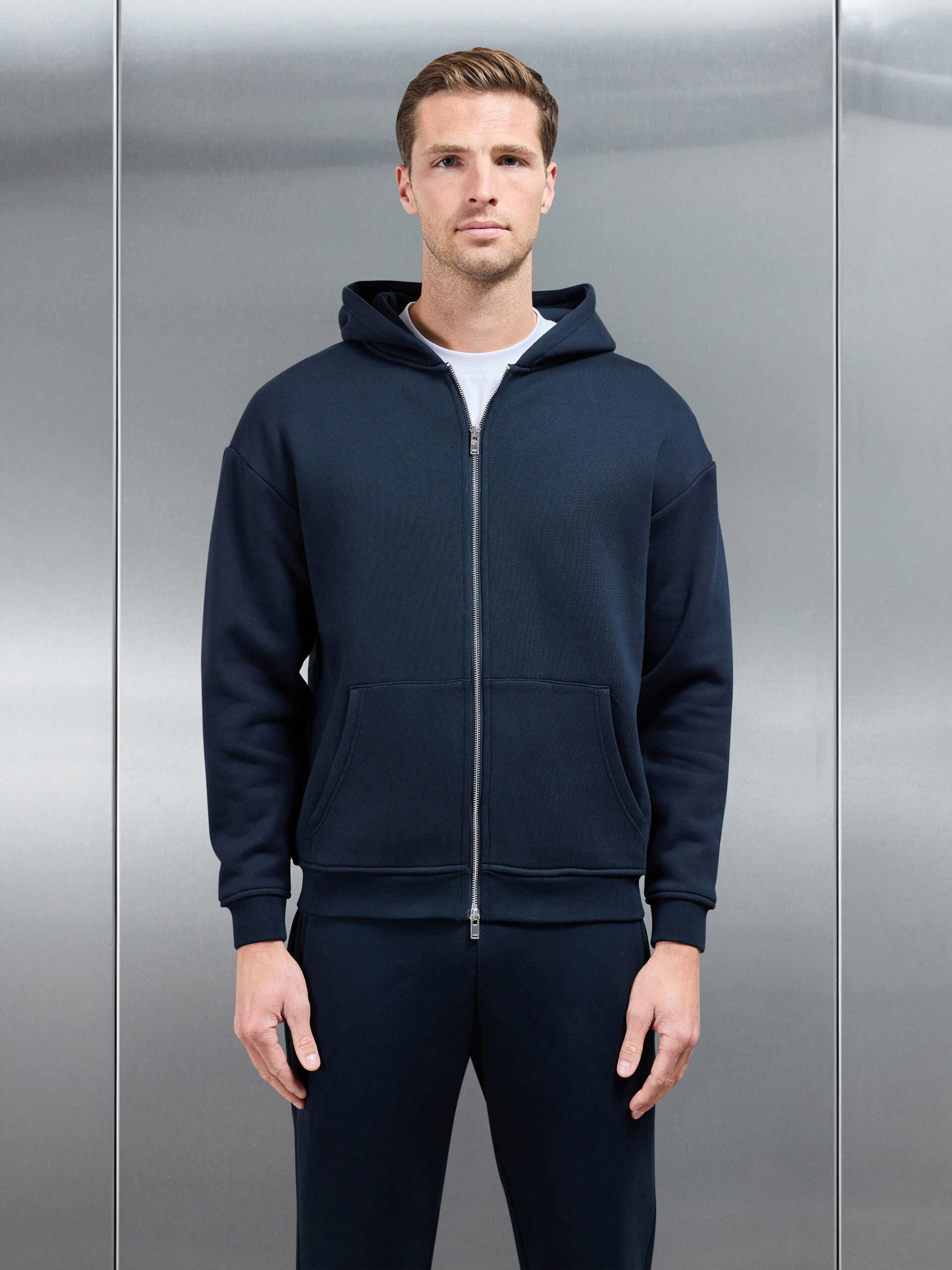 Relaxed Zip Through Hoodie in Navy