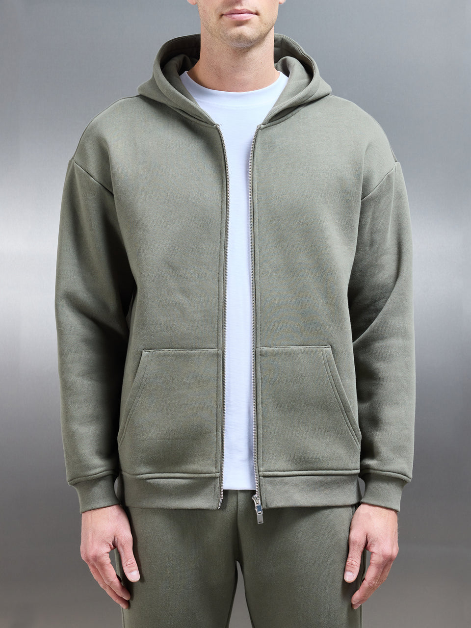 Relaxed Zip Through Hoodie in Olive