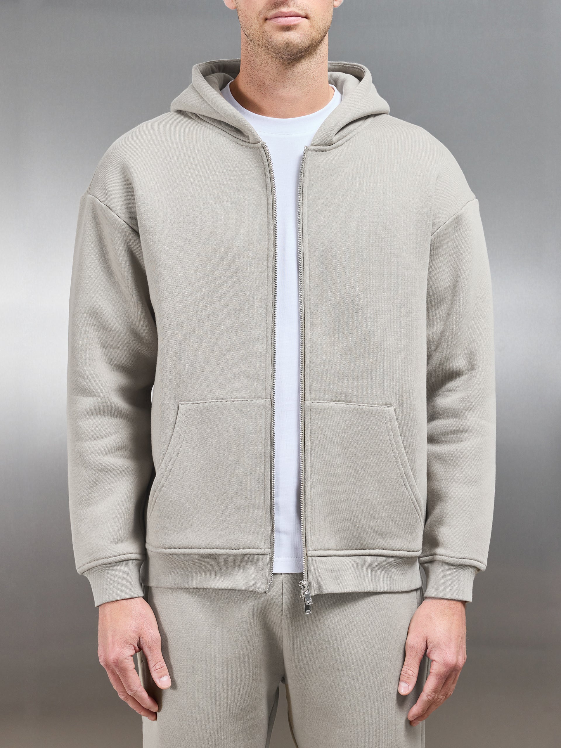 Relaxed Zip Through Hoodie in Stone