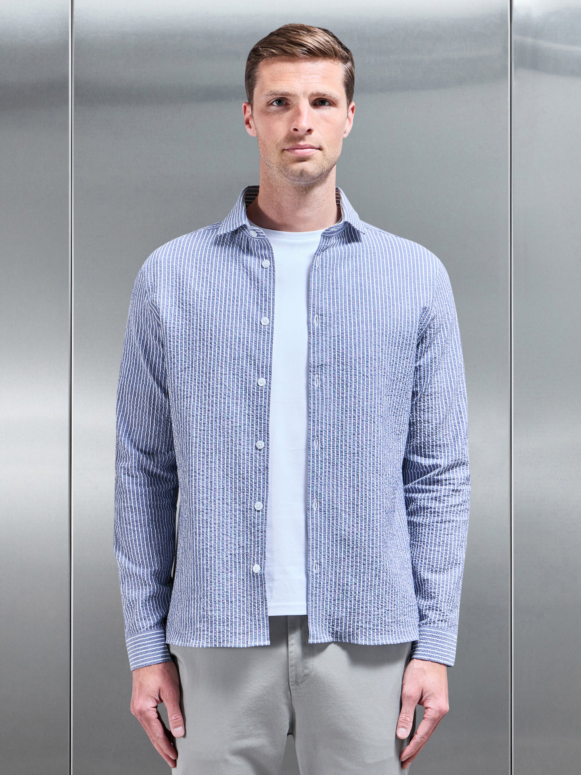 Resort Stripe Seersucker Shirt in Blue