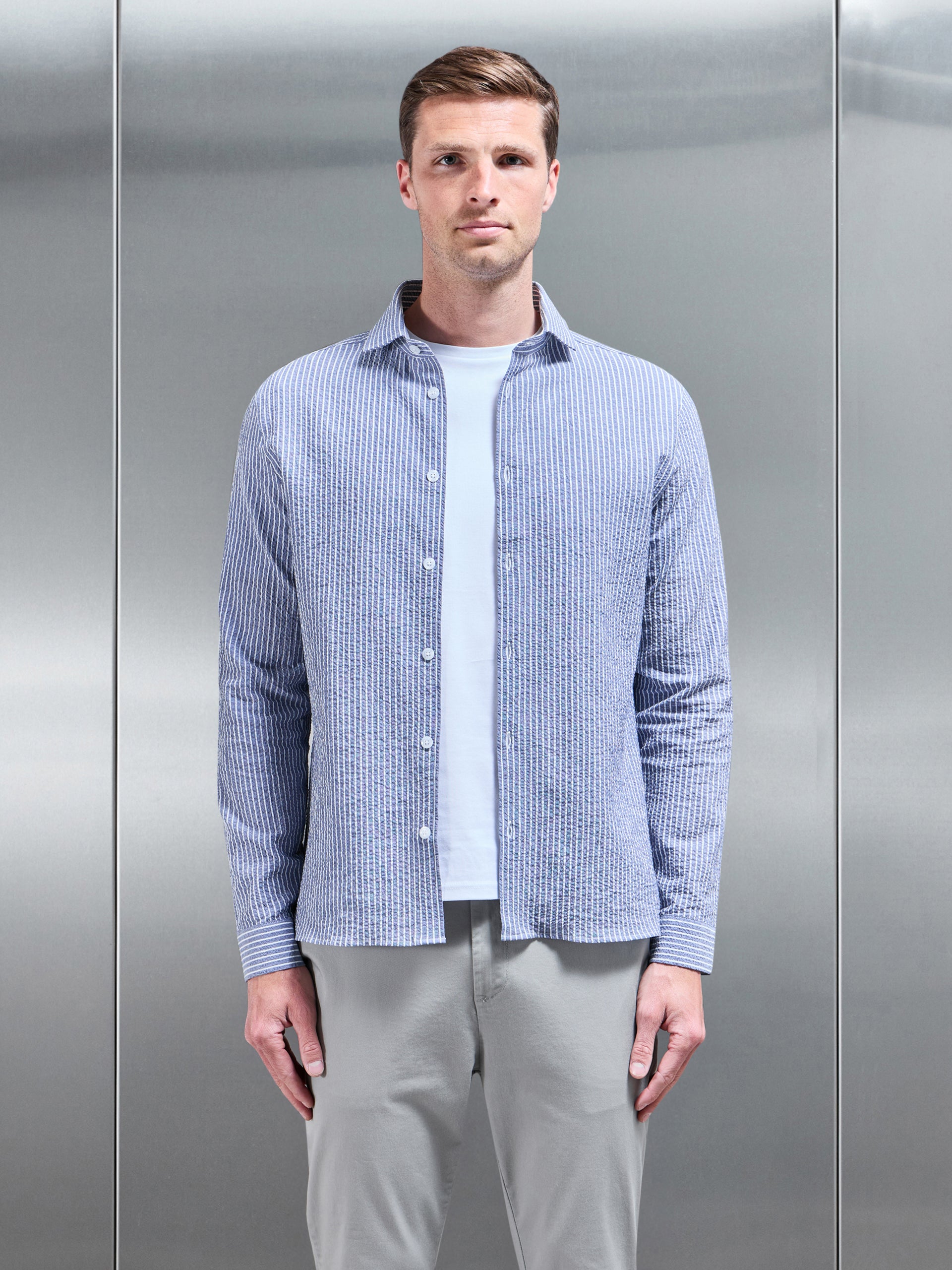 Resort Stripe Seersucker Shirt in Blue