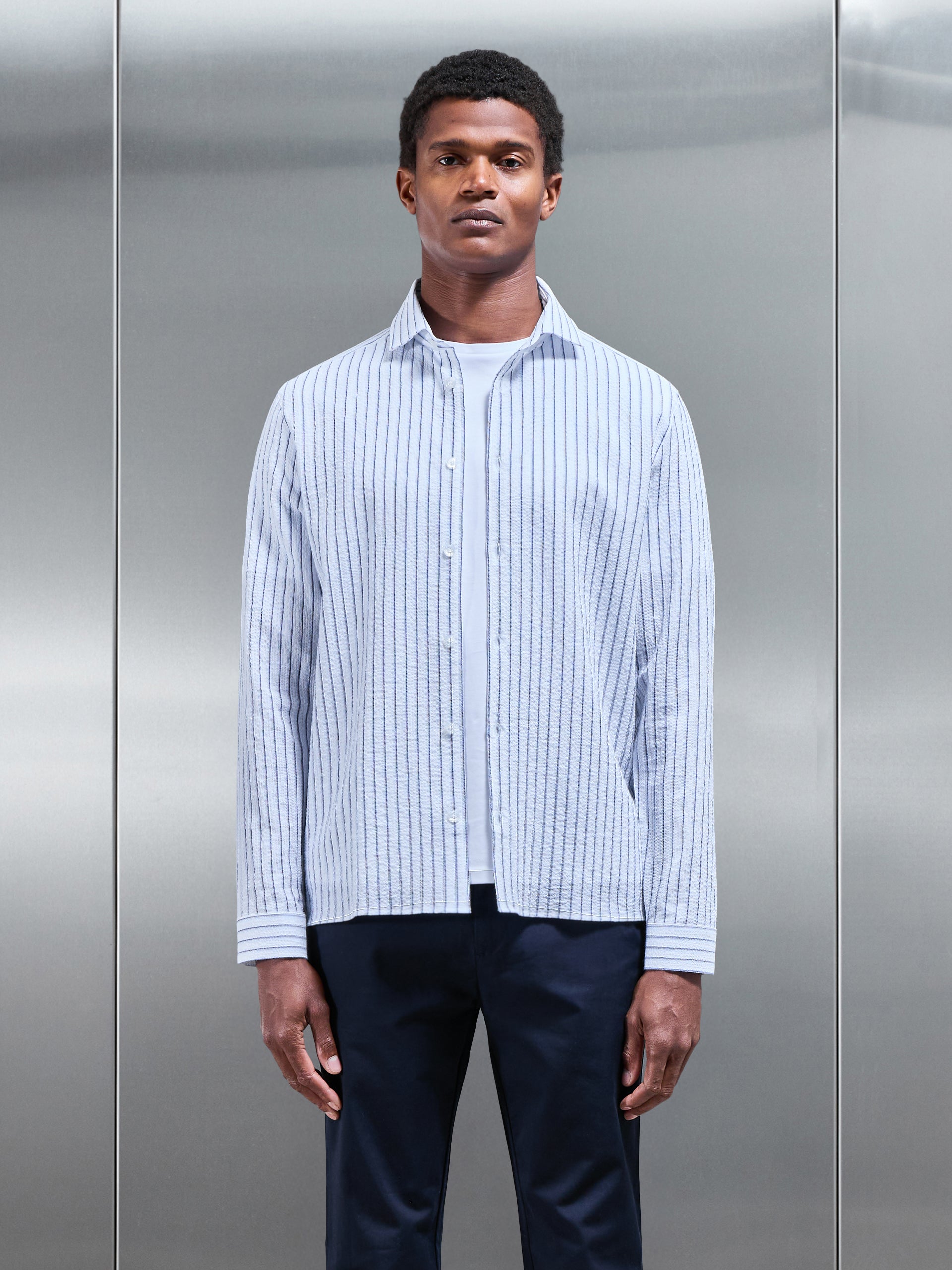 Resort Stripe Seersucker Shirt in White