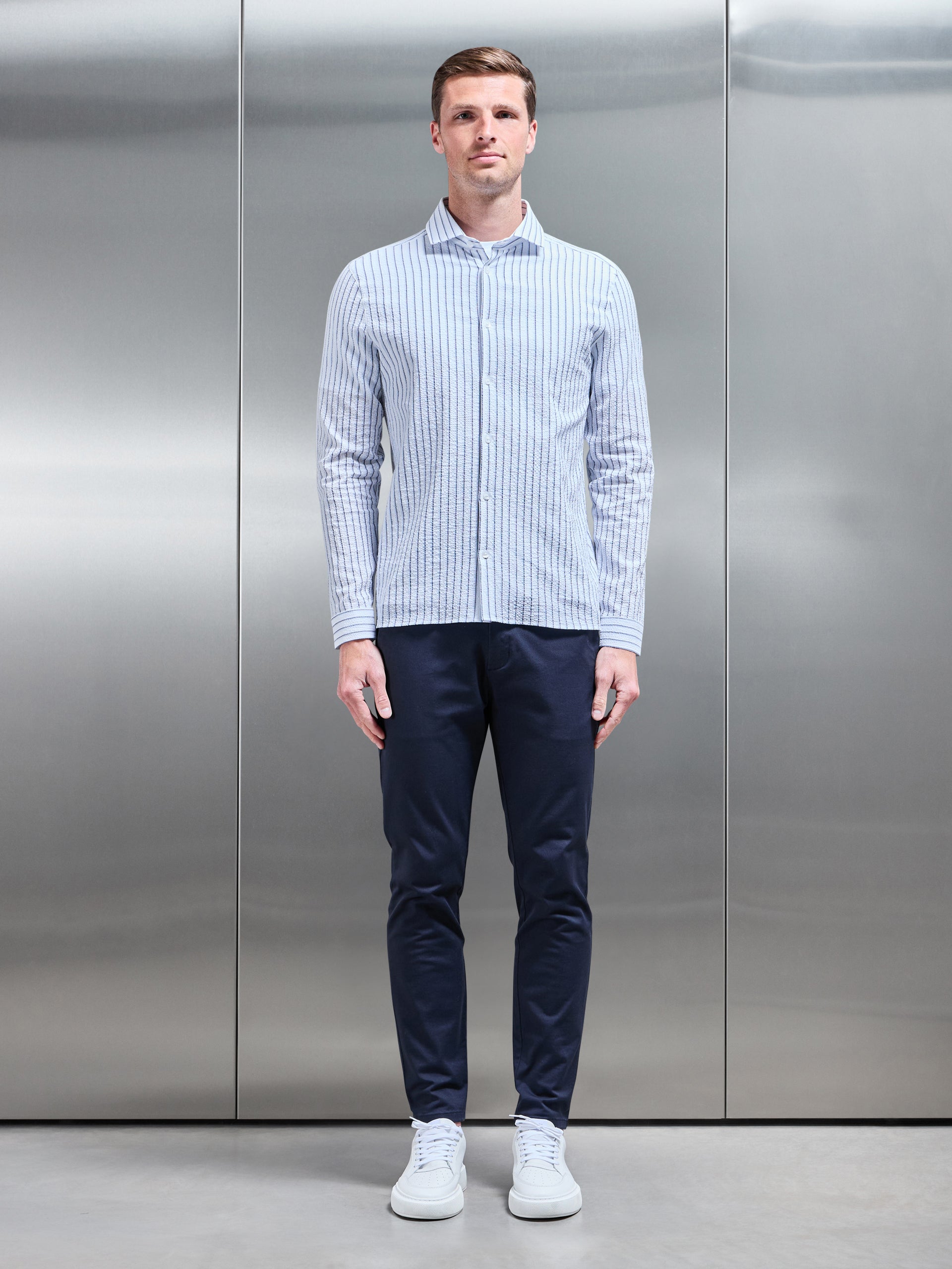 Resort Stripe Seersucker Shirt in White