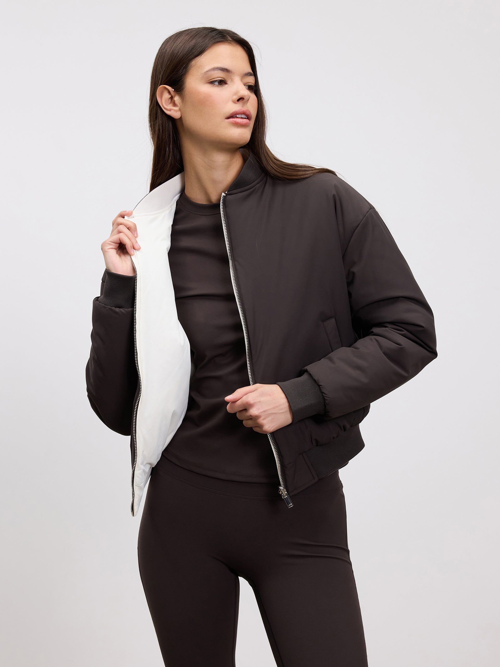 Womens Reversible Bomber Jacket in Brown Ecru