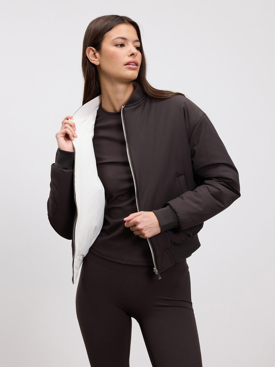 Womens Reversible Bomber Jacket in Brown Ecru