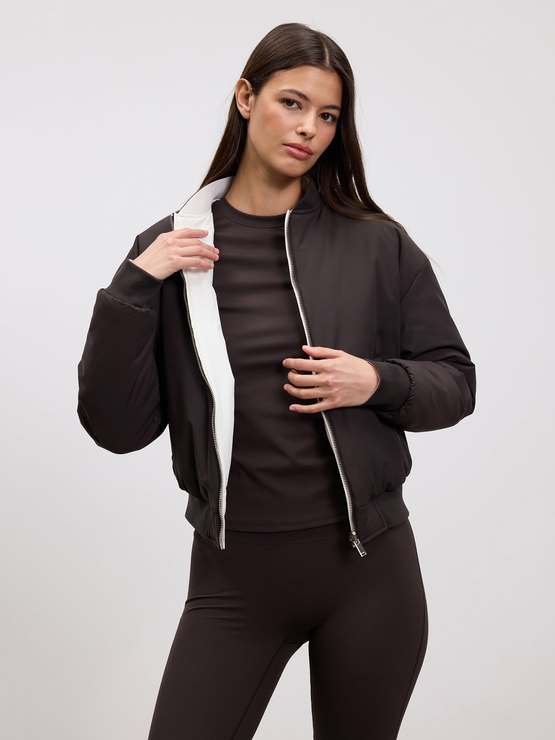 Womens Reversible Bomber Jacket in Brown Ecru