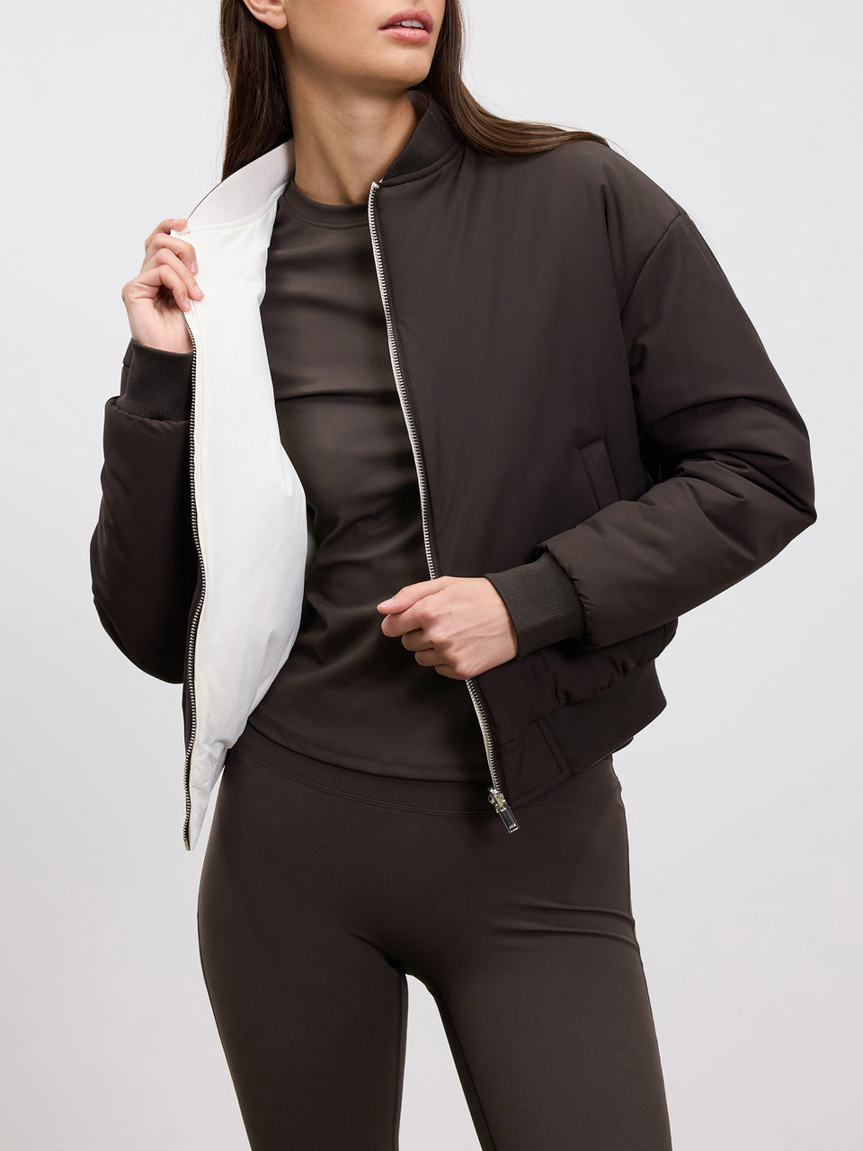 Womens Reversible Bomber Jacket in Brown Ecru