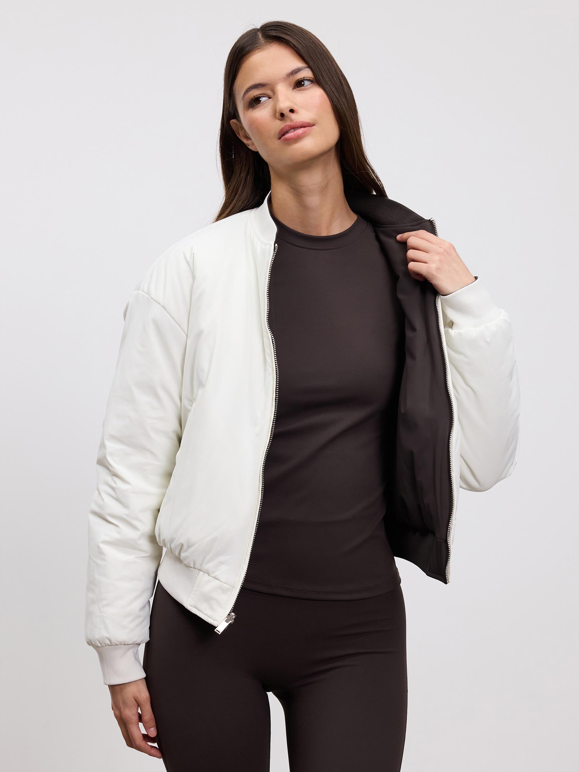 Womens Reversible Bomber Jacket in Brown Ecru