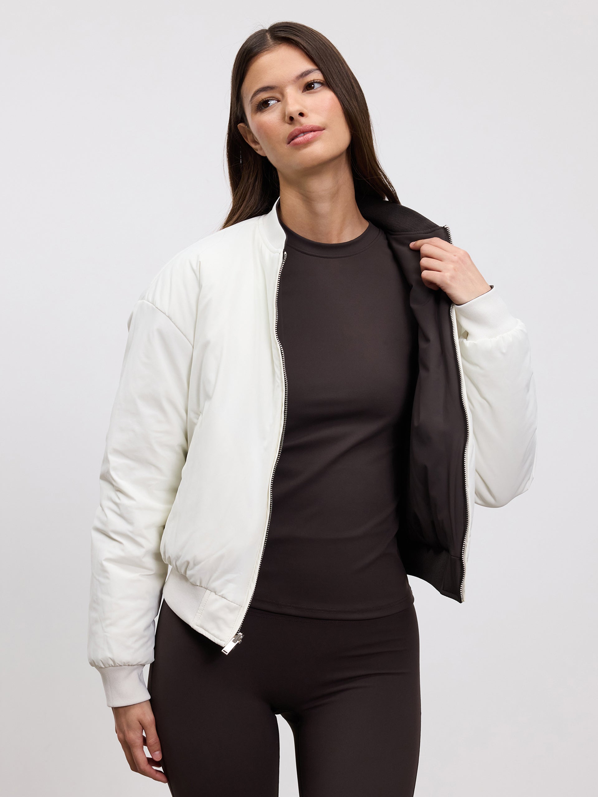 Womens Reversible Bomber Jacket in Brown Ecru