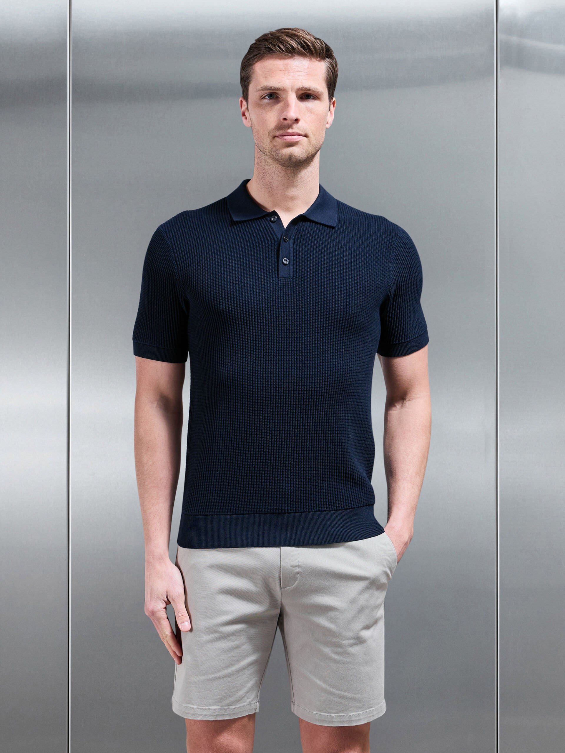 Ribbed Button Polo Shirt in Navy